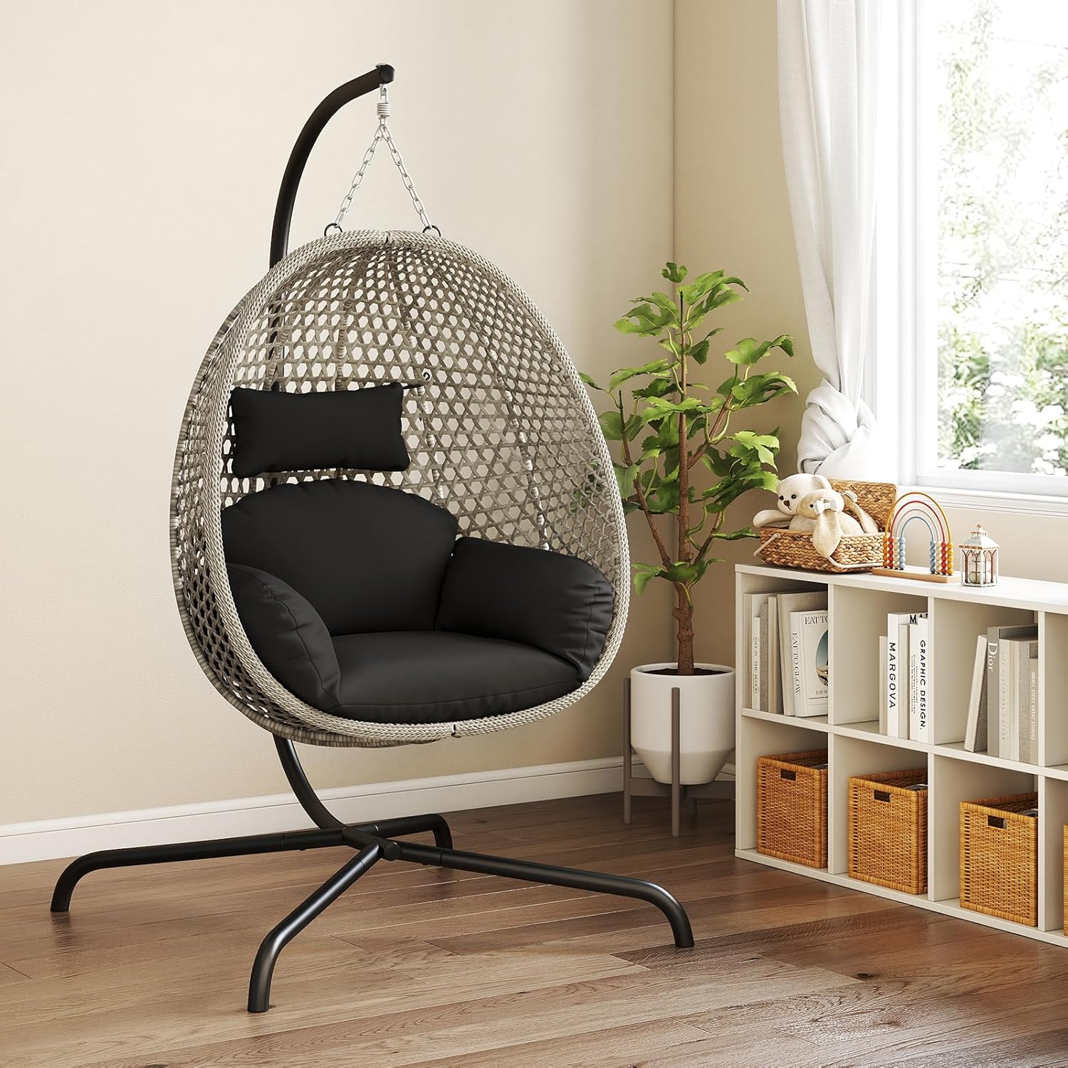 Rattan Swing Egg Chair with Stand Swivel Cushion