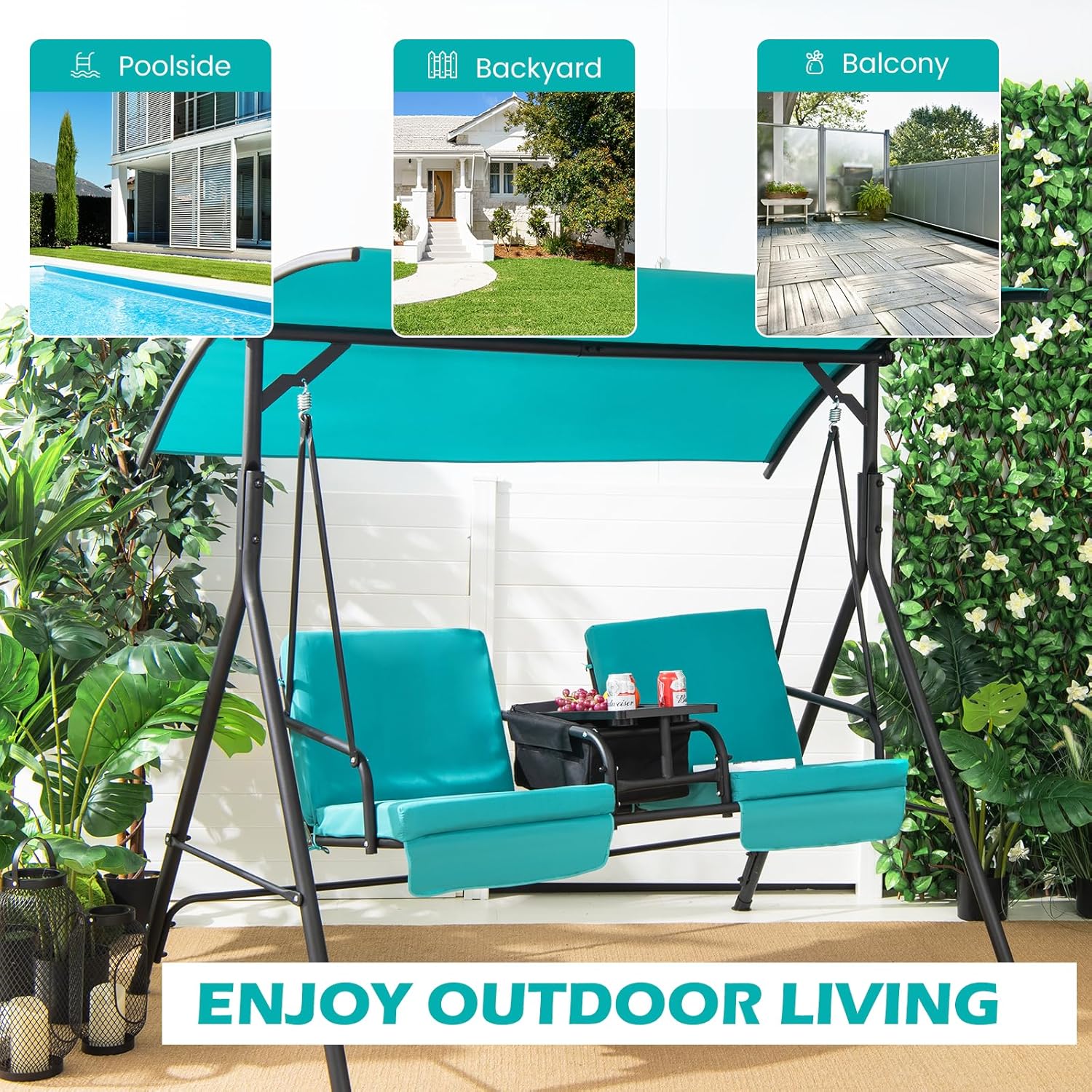 2 Person Garden Swing Chair Canopy Cooler Tray Turquoise