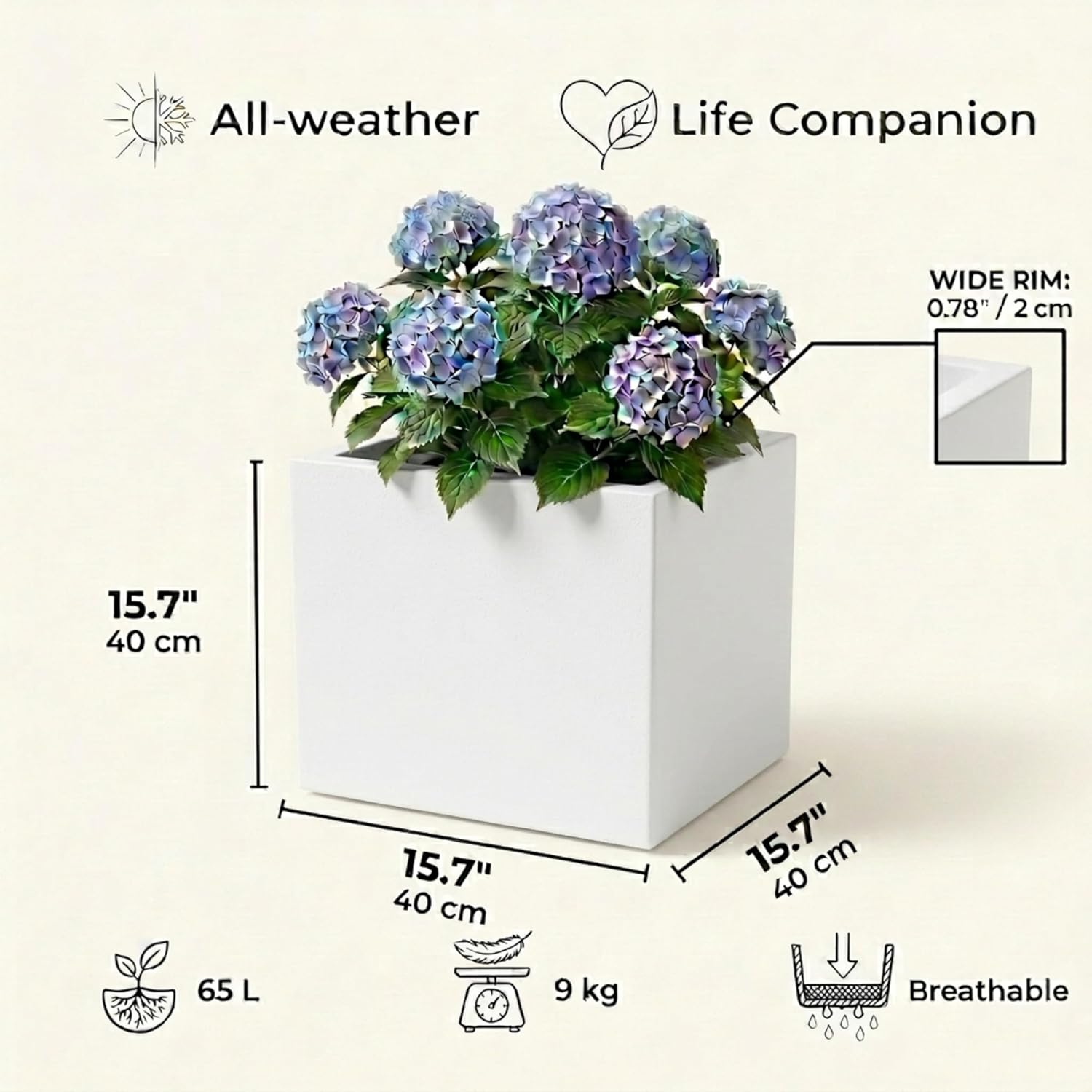 40cm White Square Planter Stone Effect Garden Pot Drainage