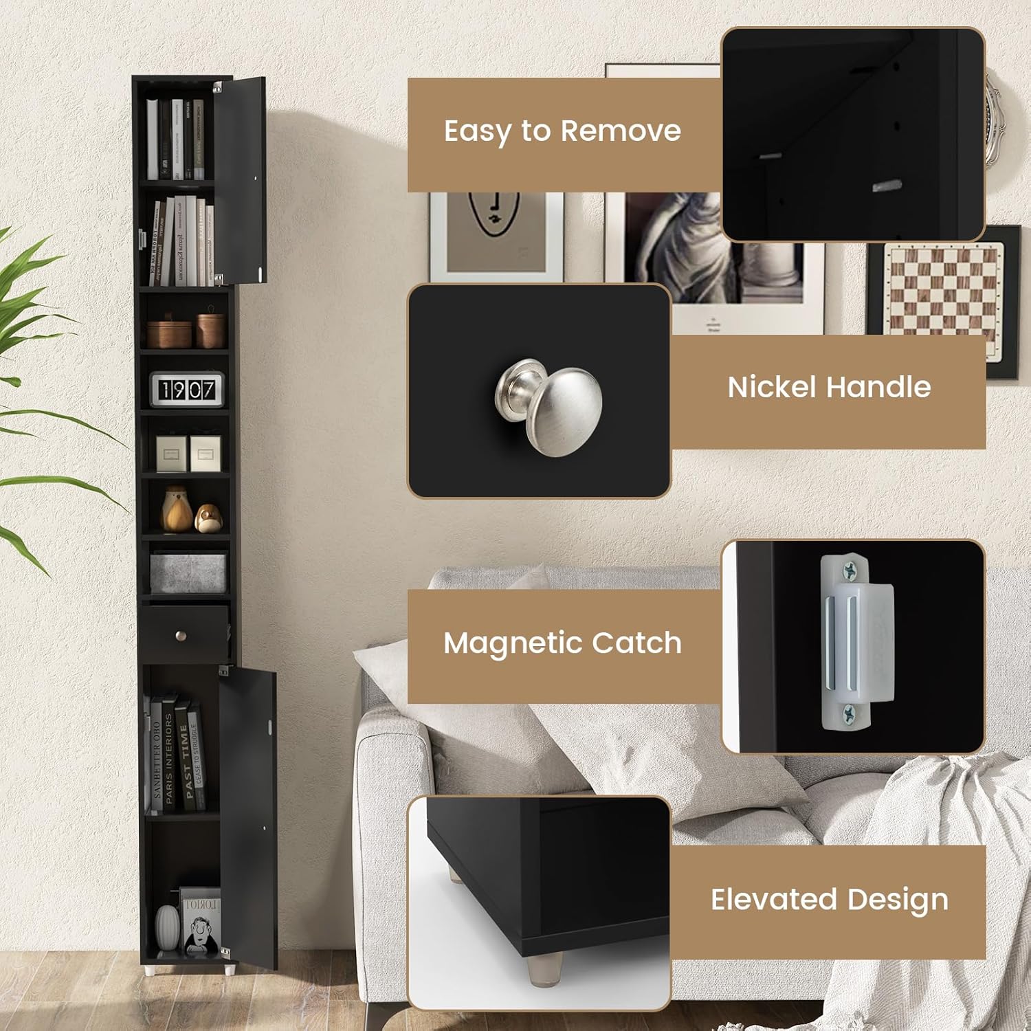 Tall Slim Storage Cabinet Black Drawer Adjustable Shelf Unit