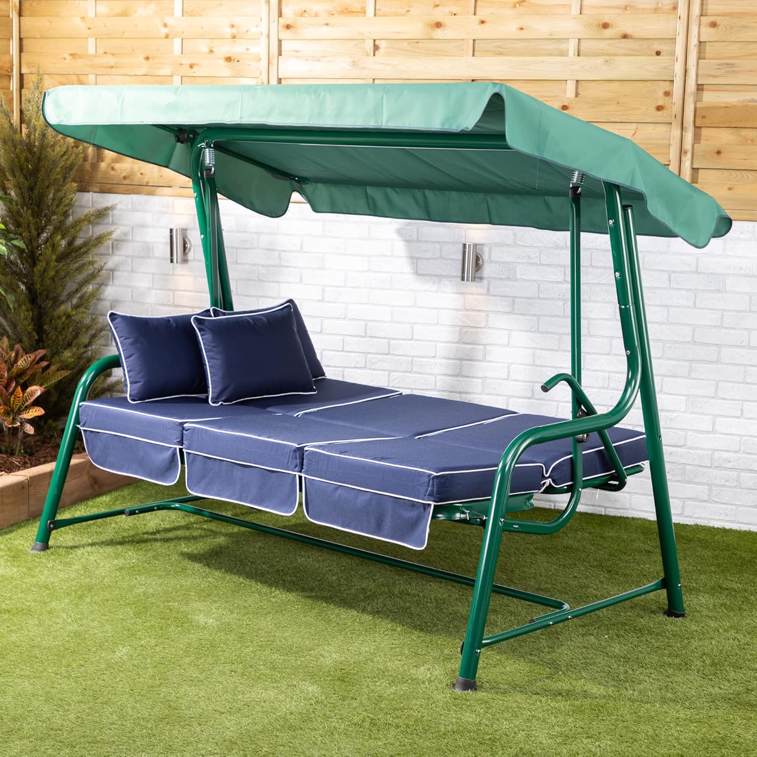 3 Seater Reclining Garden Swing Seat Blue Canopy