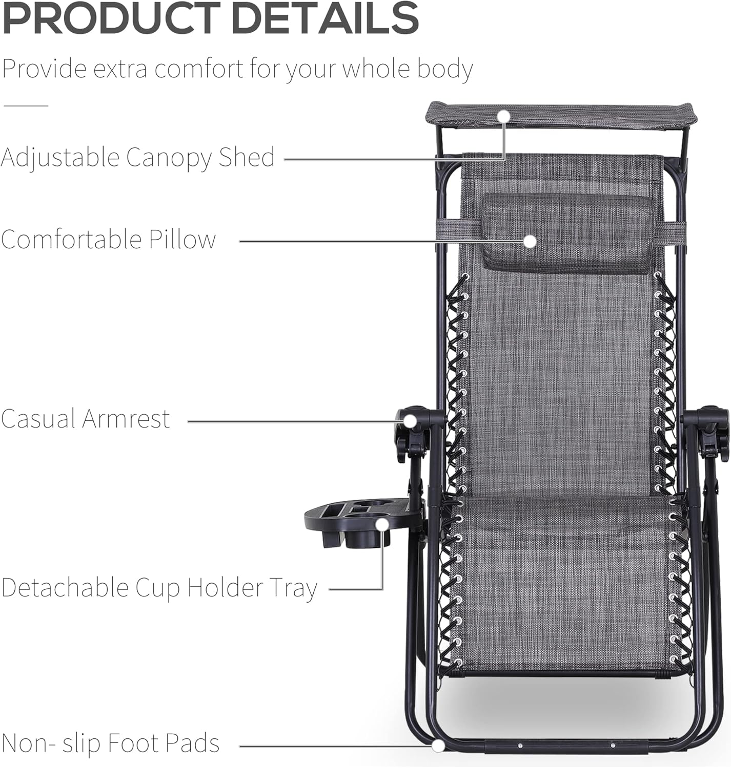 2 Zero Gravity Sun Lounger Chairs Foldable with Canopy Grey
