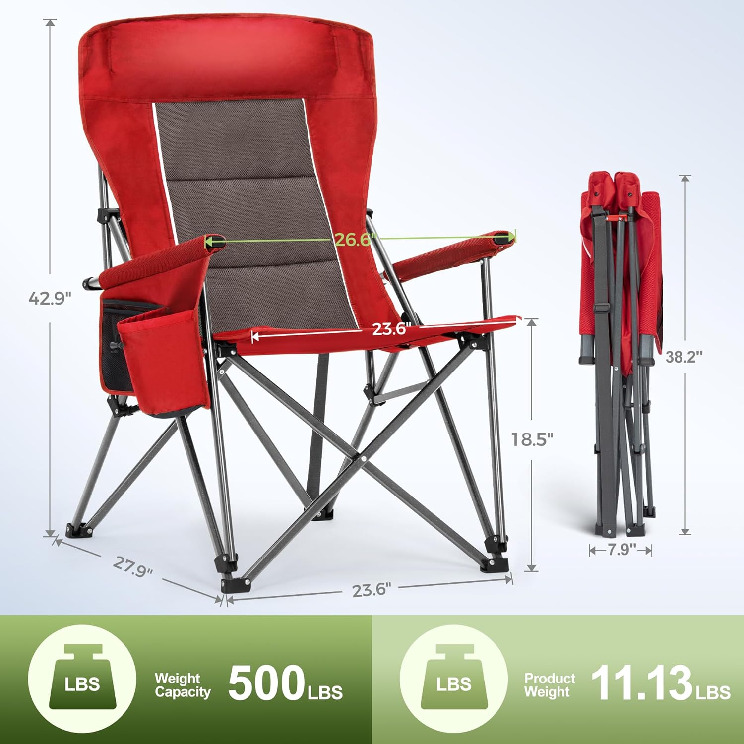 Set of 2 Oversized Camping Chairs 500LB High Back Red