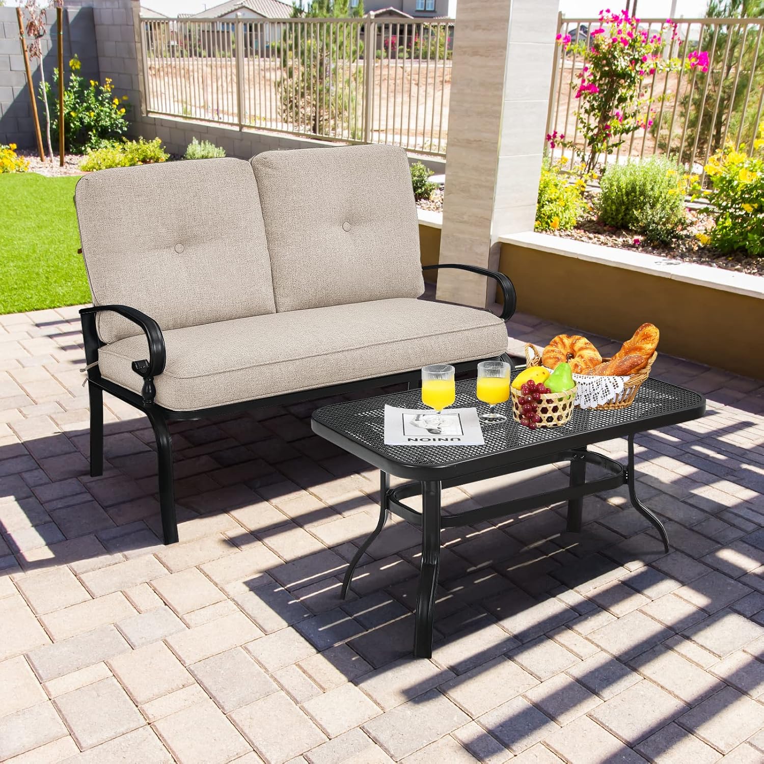2 Seater Garden Loveseat with Coffee Table Cushioned Patio Set