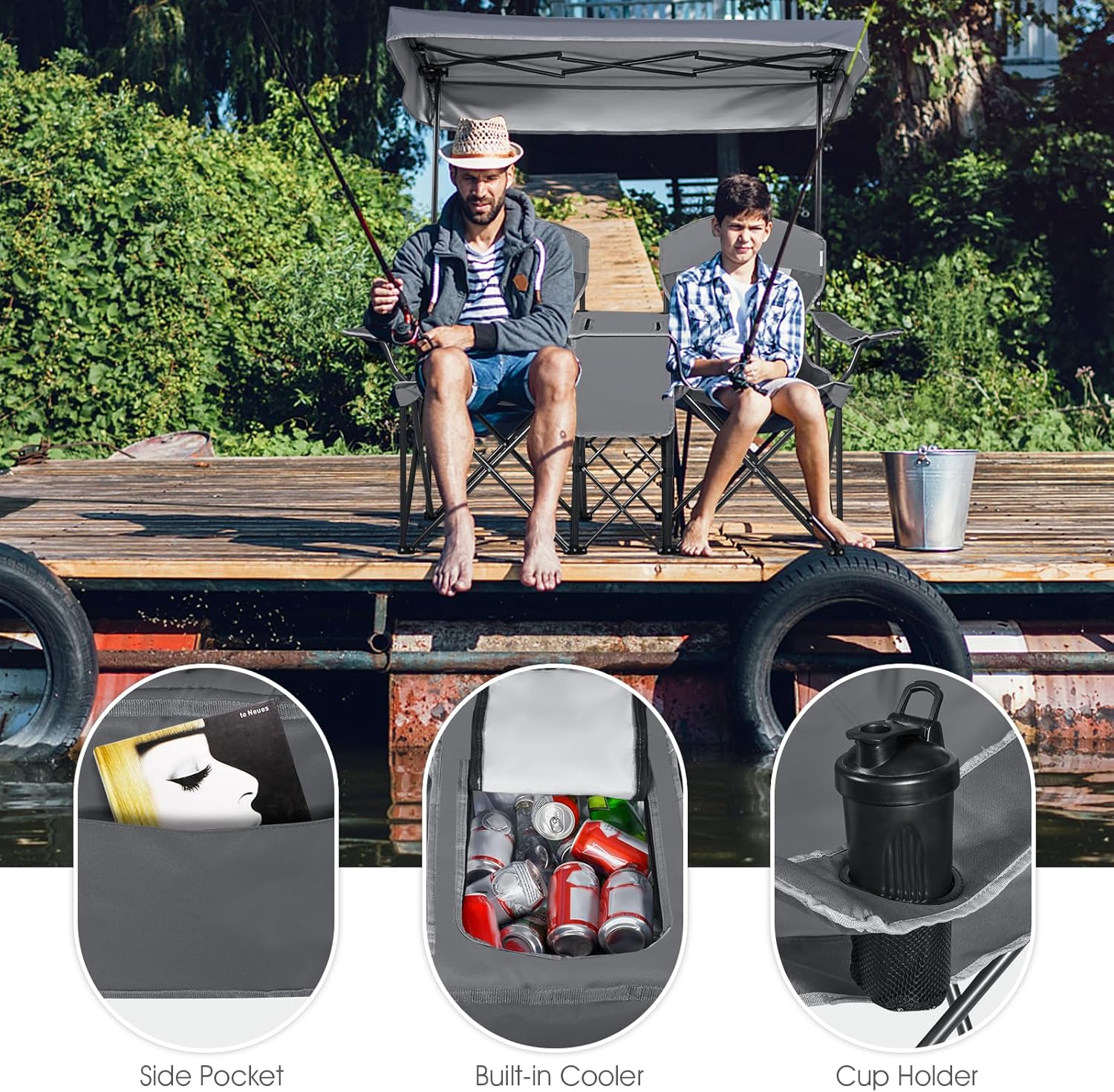 Double Camping Chair with Canopy Cooler Bag Cup Holders Grey