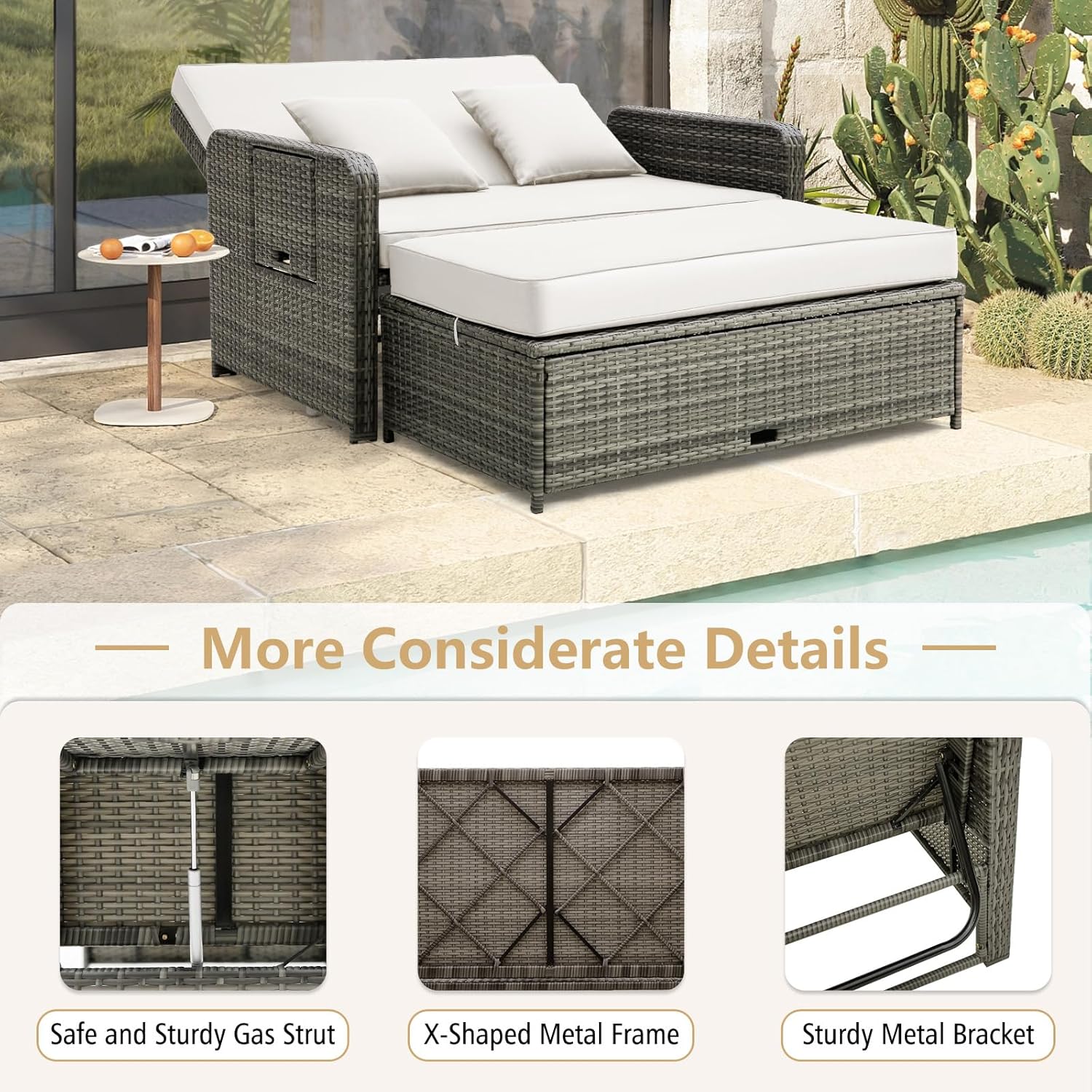 Double Rattan Daybed Sofa Bed with Storage Trays