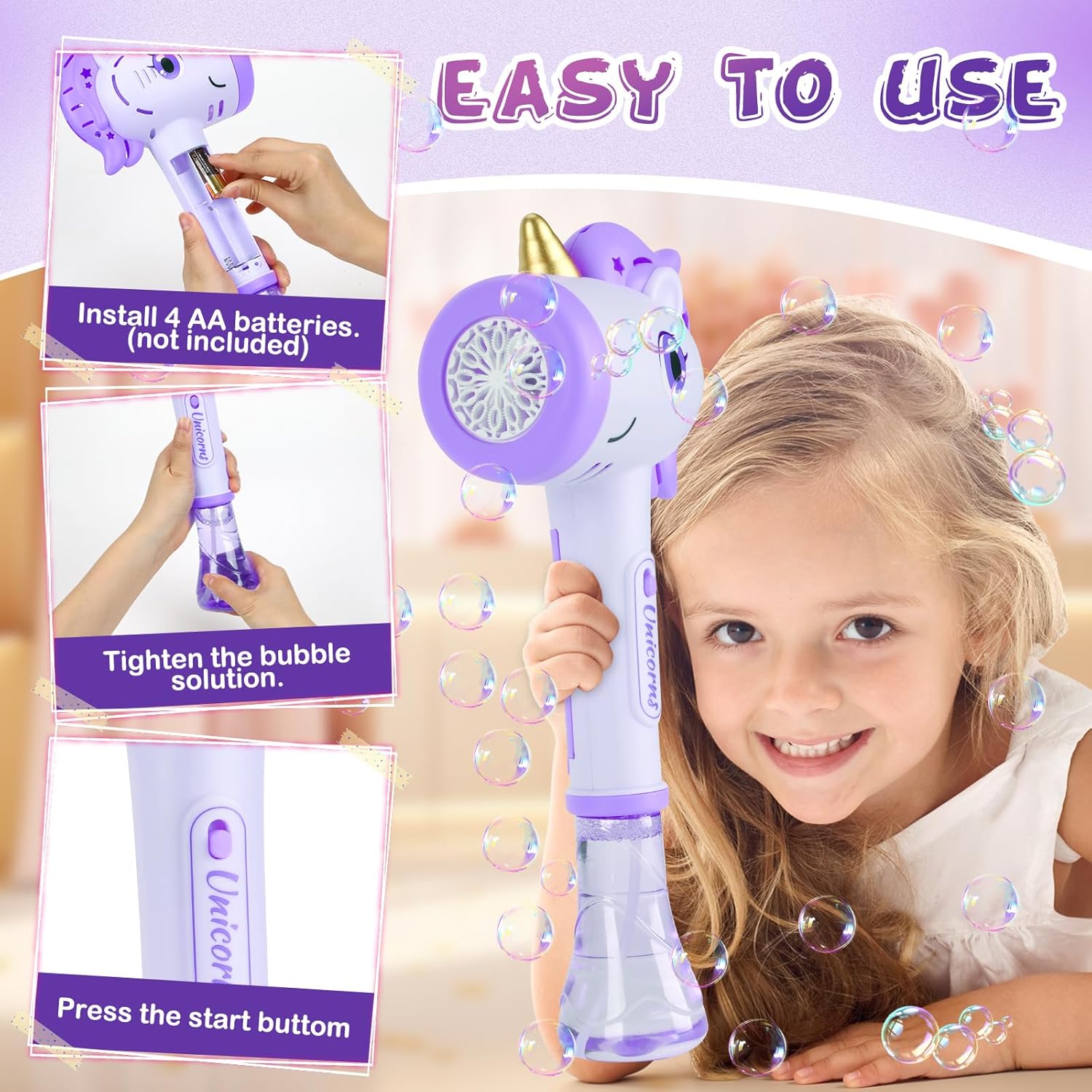 Unicorn Bubble Wand LED 10000 Girls Party Toy Purple