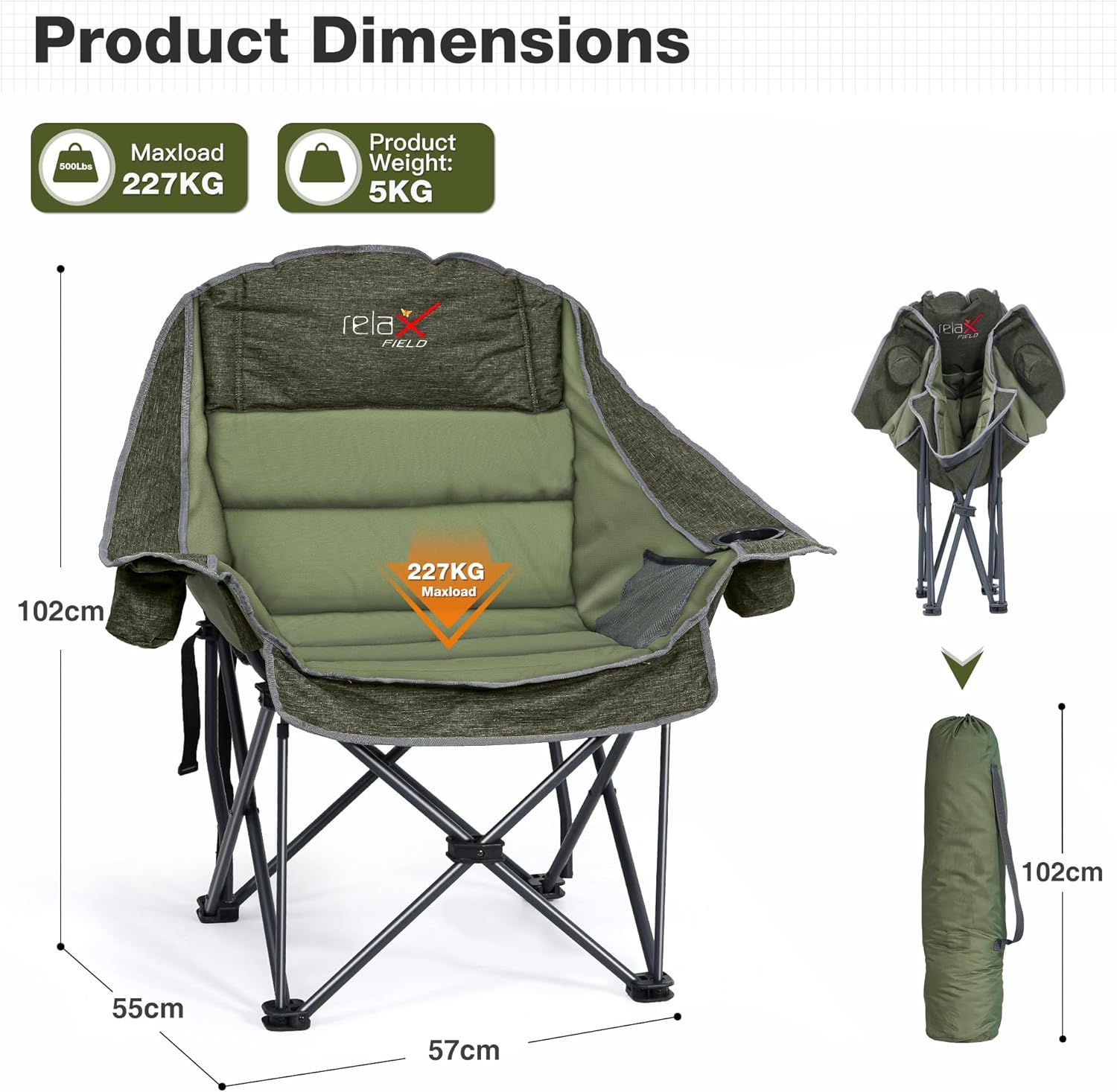 Oversized Padded Camping Chair 227KG Green