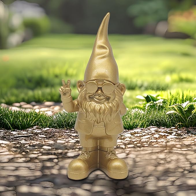 Peace Hand Gnome Statue Gold 20cm Indoor Outdoor Home Decor