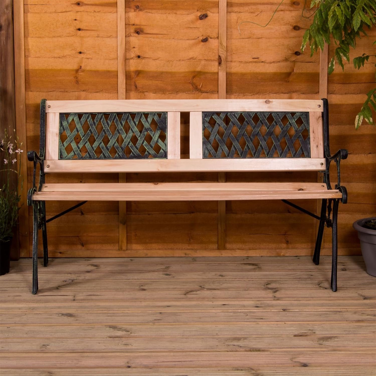 3 Seater Wooden Garden Bench Cast Iron Frame Patio Park Seat