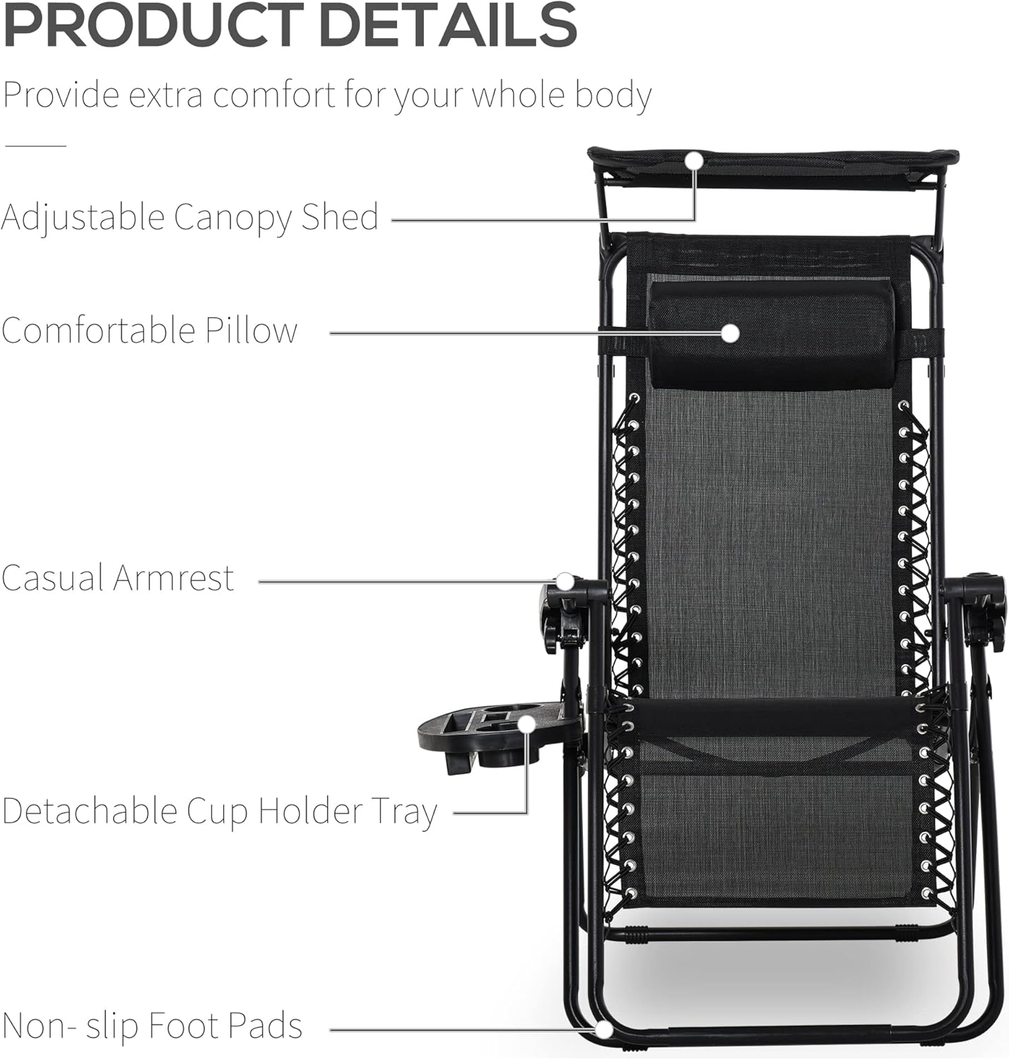 Zero Gravity Sun Lounger Chair Foldable with Canopy Black
