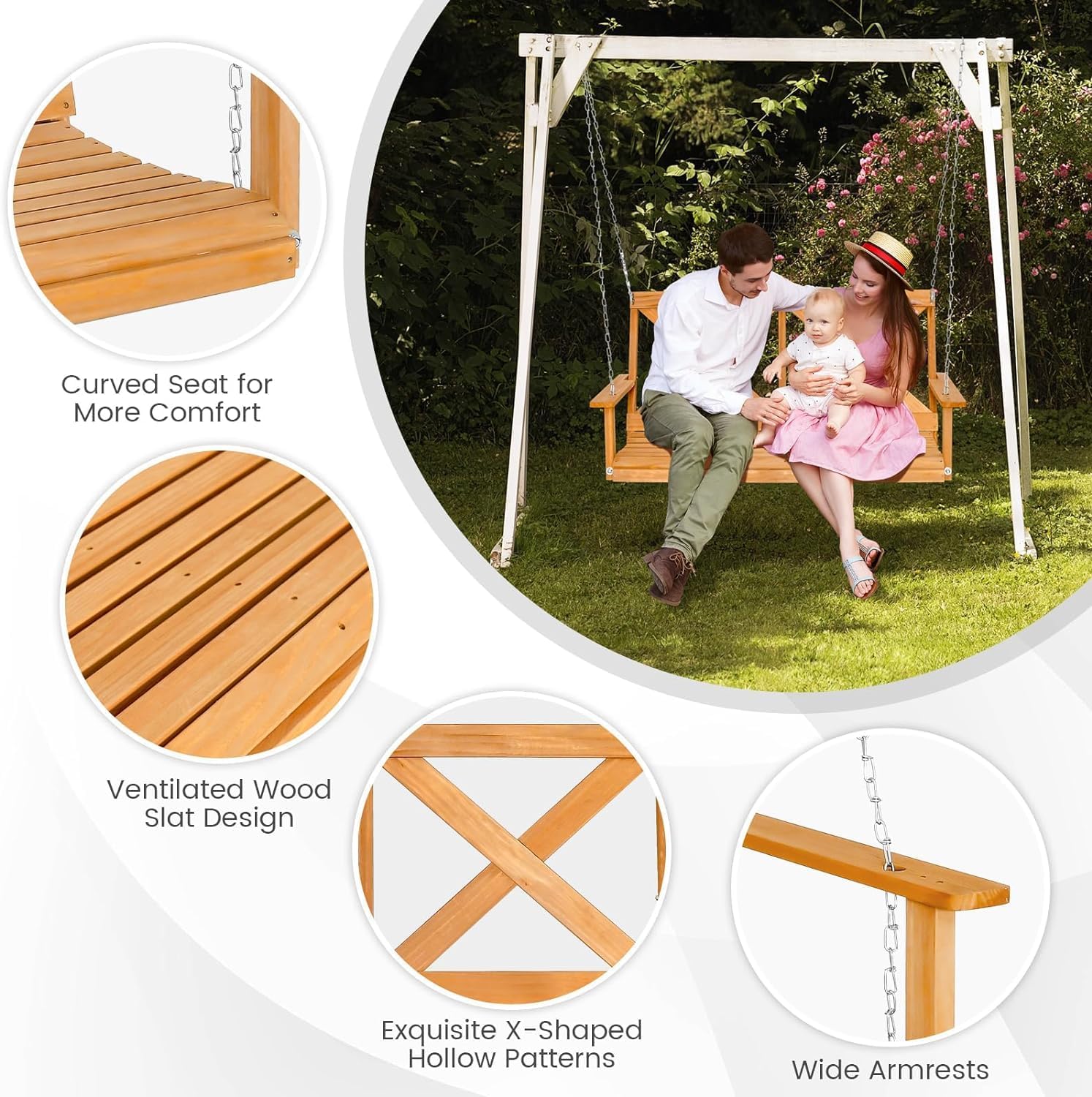 2 Seater Wooden Garden Swing Chair with Stand