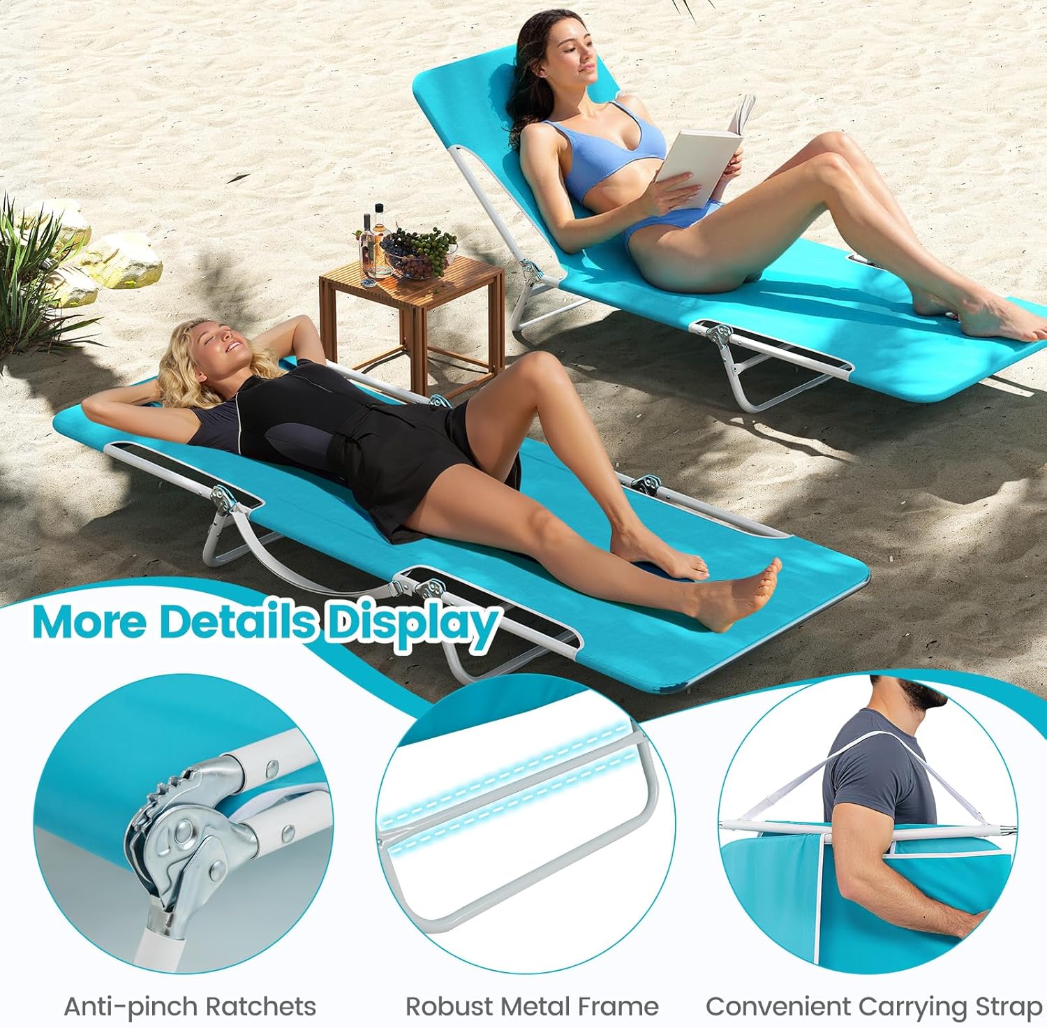 2 Folding Sun Loungers 5 Position Reclining Beach Chairs Blue