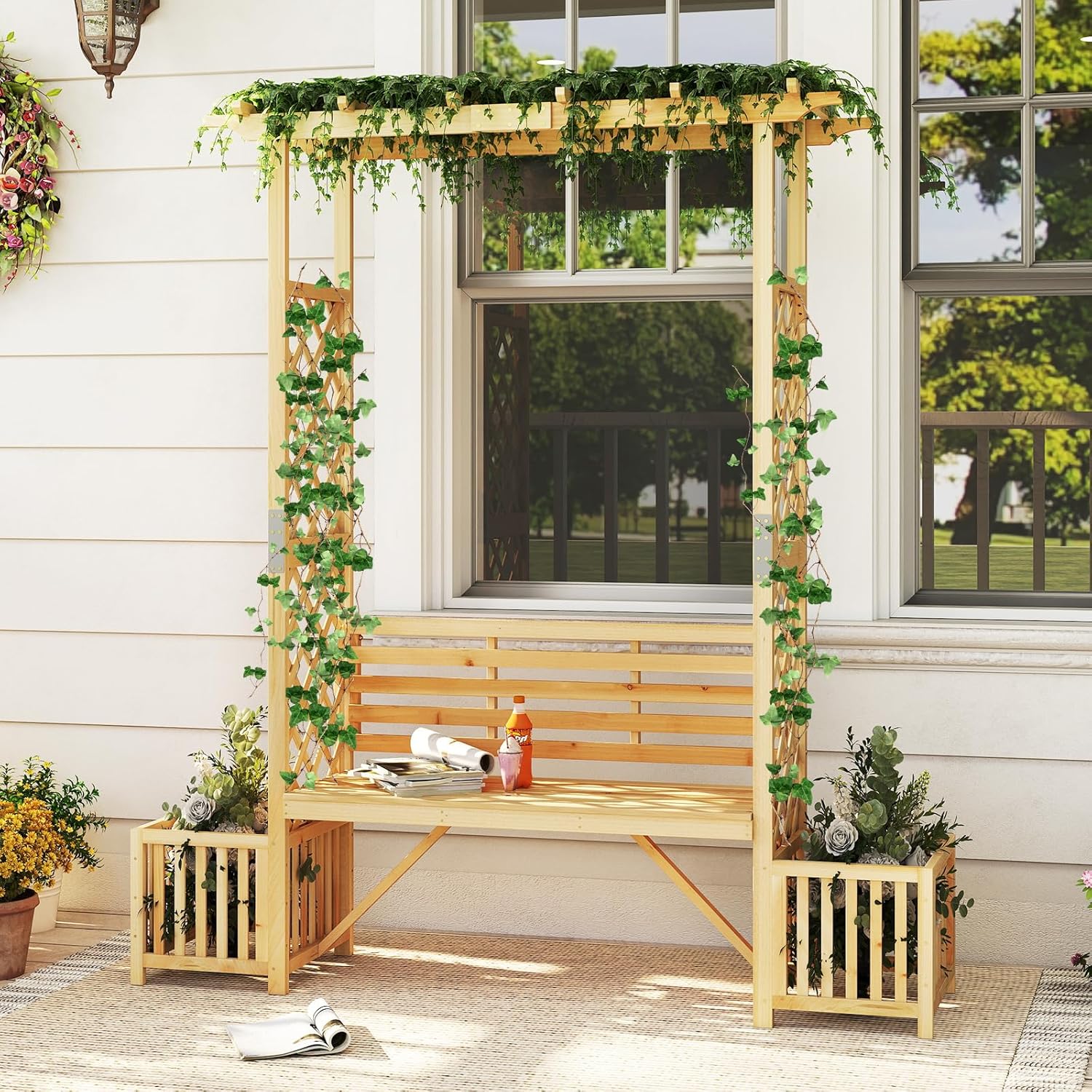 Wooden Garden Arch Bench with Planters Trellis Pergola Seat