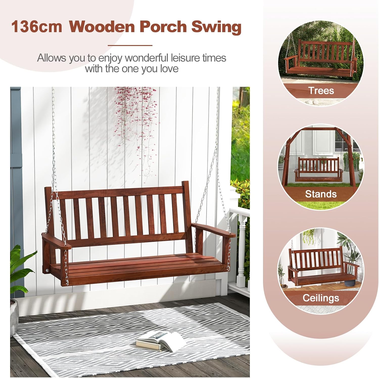 2 Seater Wooden Garden Swing Bench Hanging Patio Seat Brown