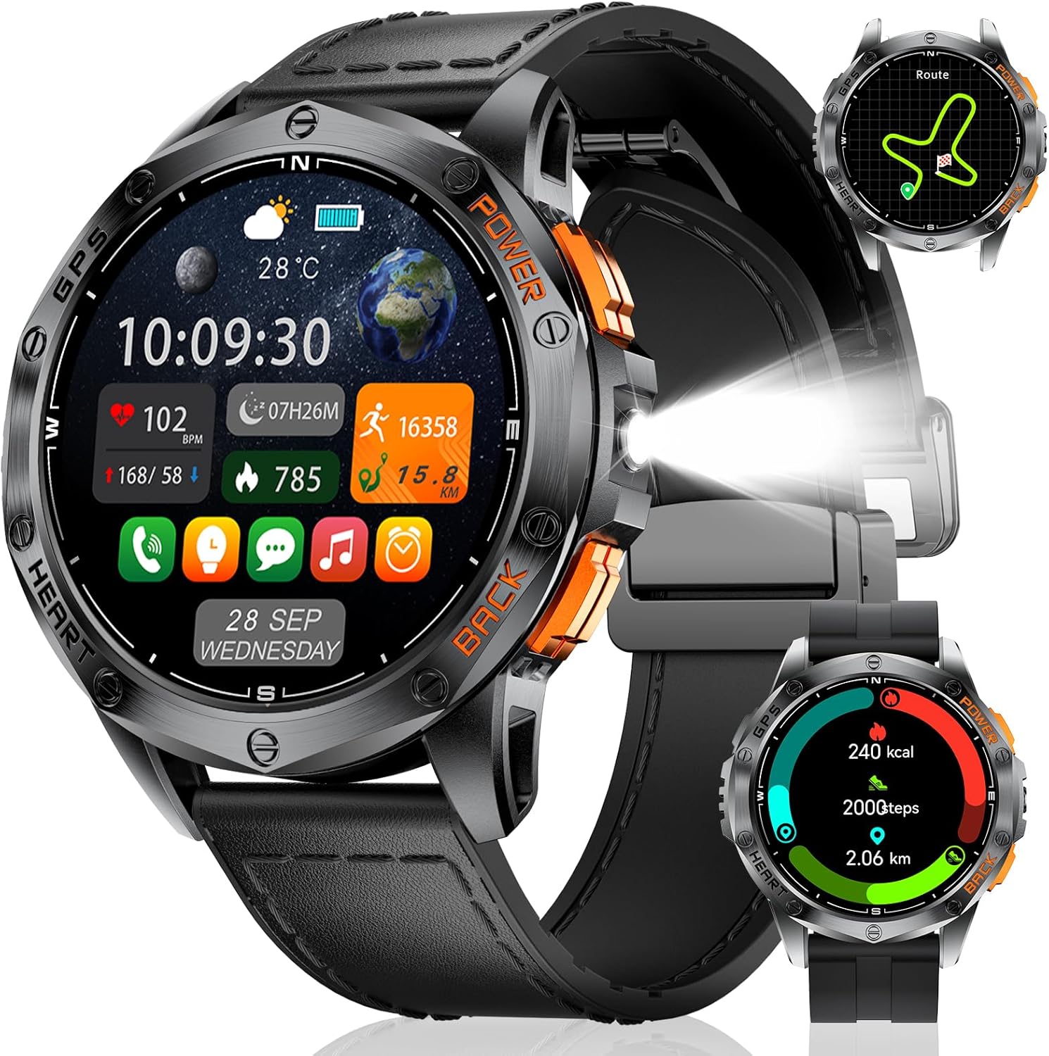 Mens GPS Smart Watch AMOLED Bluetooth Call Leather