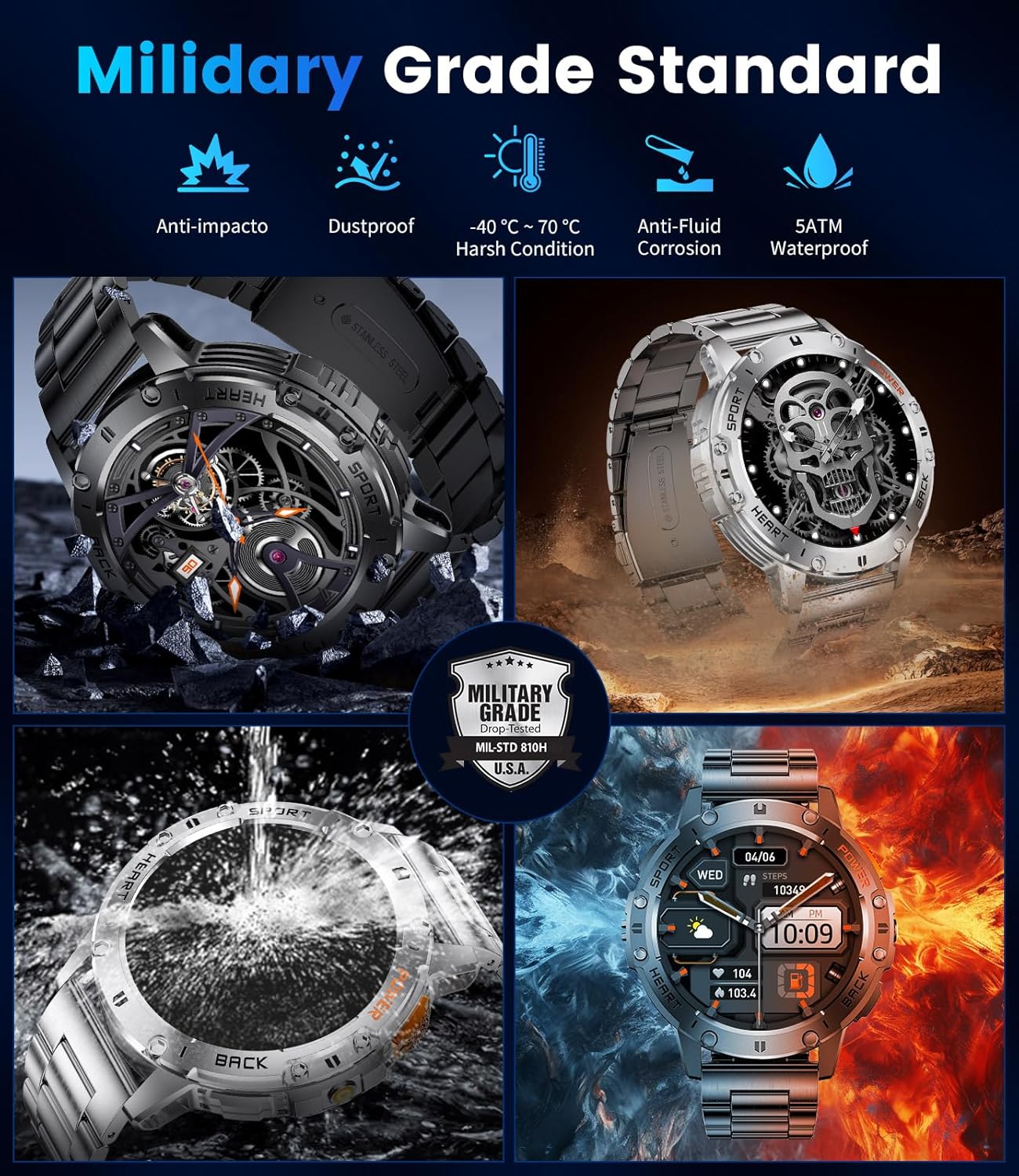 Military AMOLED Smart Watch LED Light 3 Straps