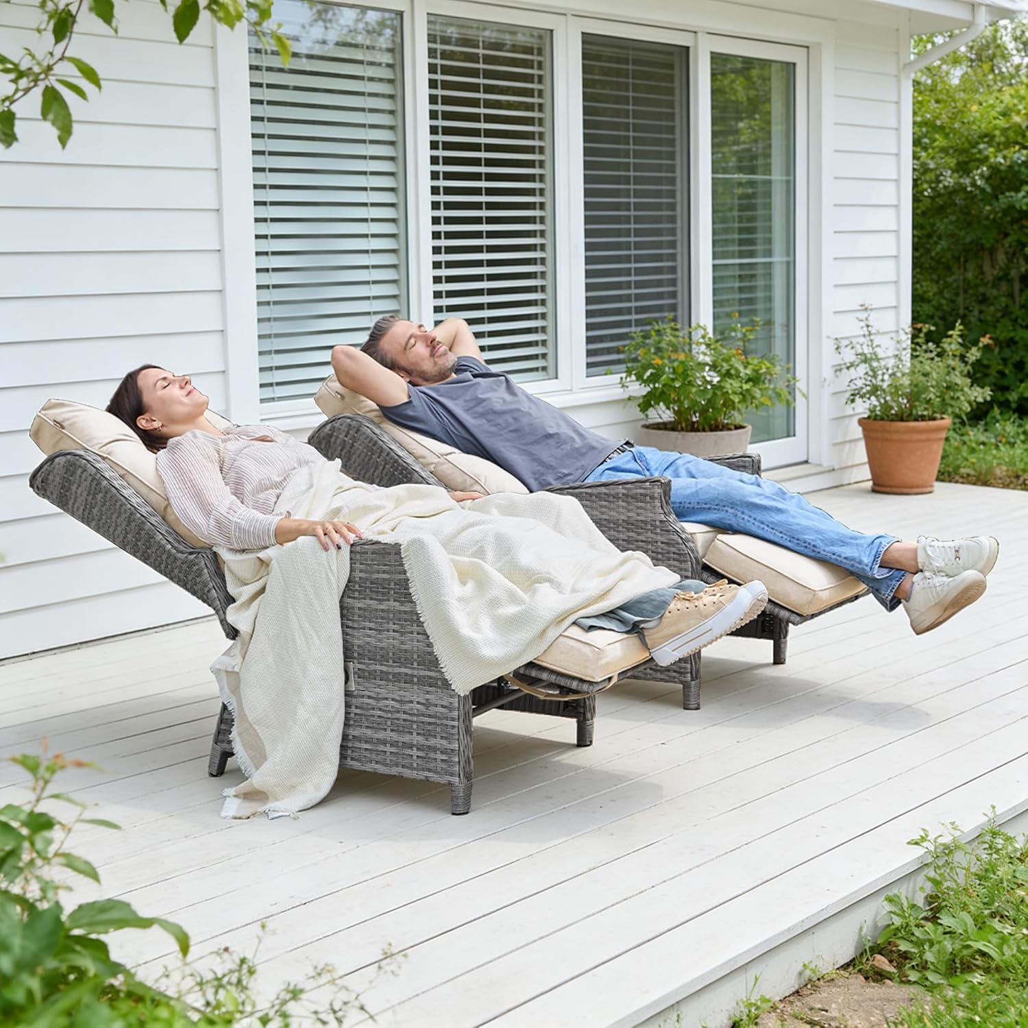 2 Piece Rattan Reclining Sun Lounger Set Beige