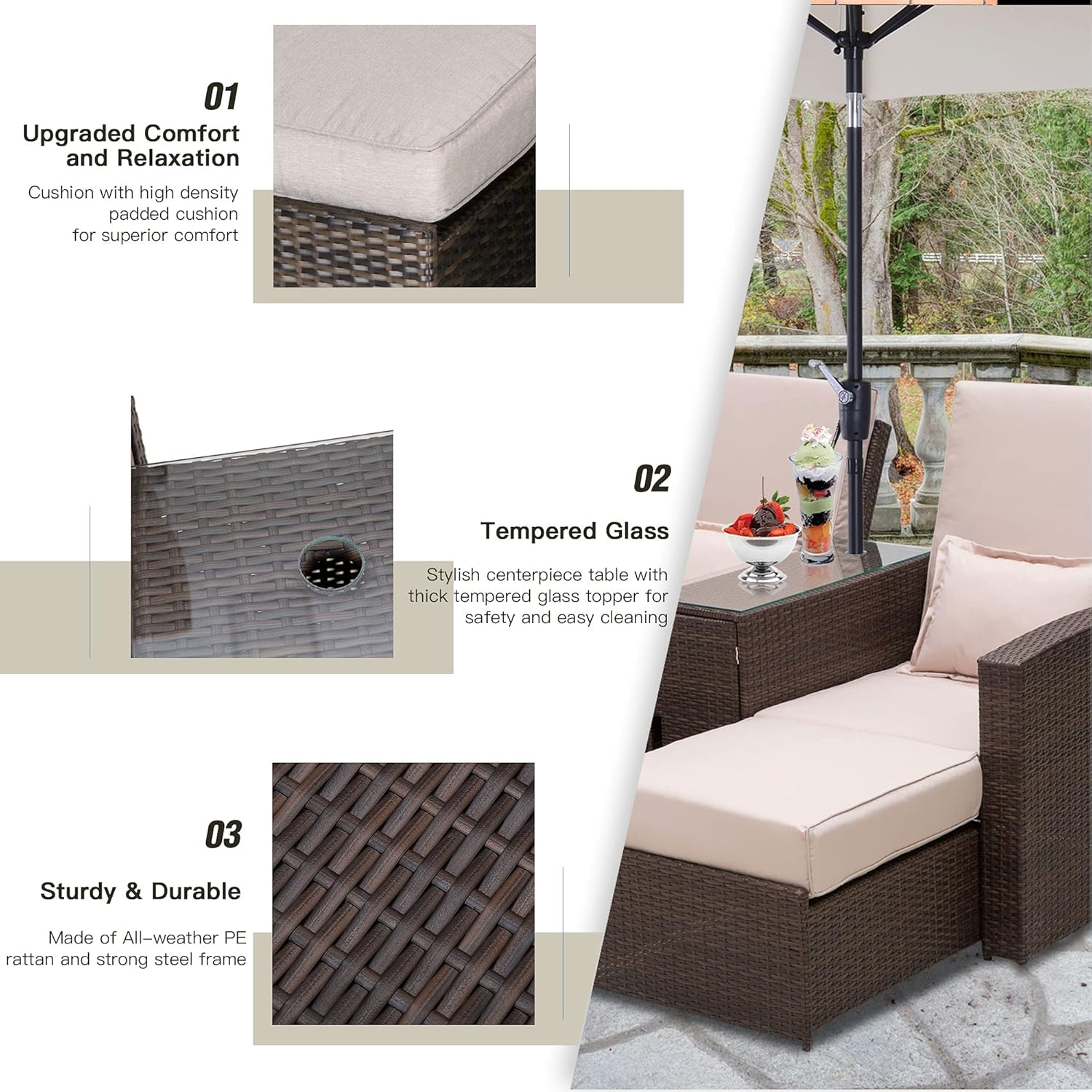 Double Rattan Sun Lounger Daybed 2 Seater with Table Brown