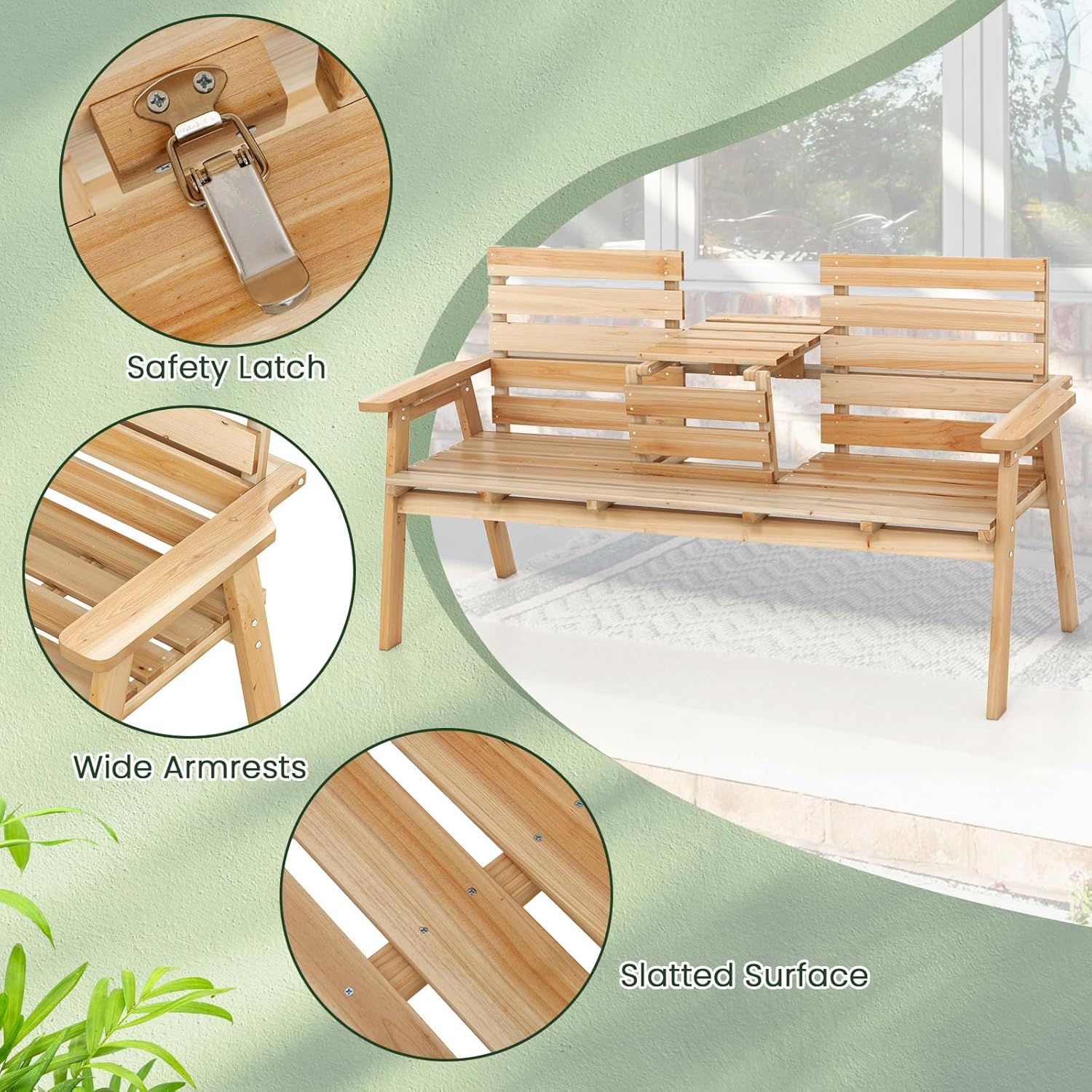 3 Seater Wooden Garden Bench with Foldable Table 160cm