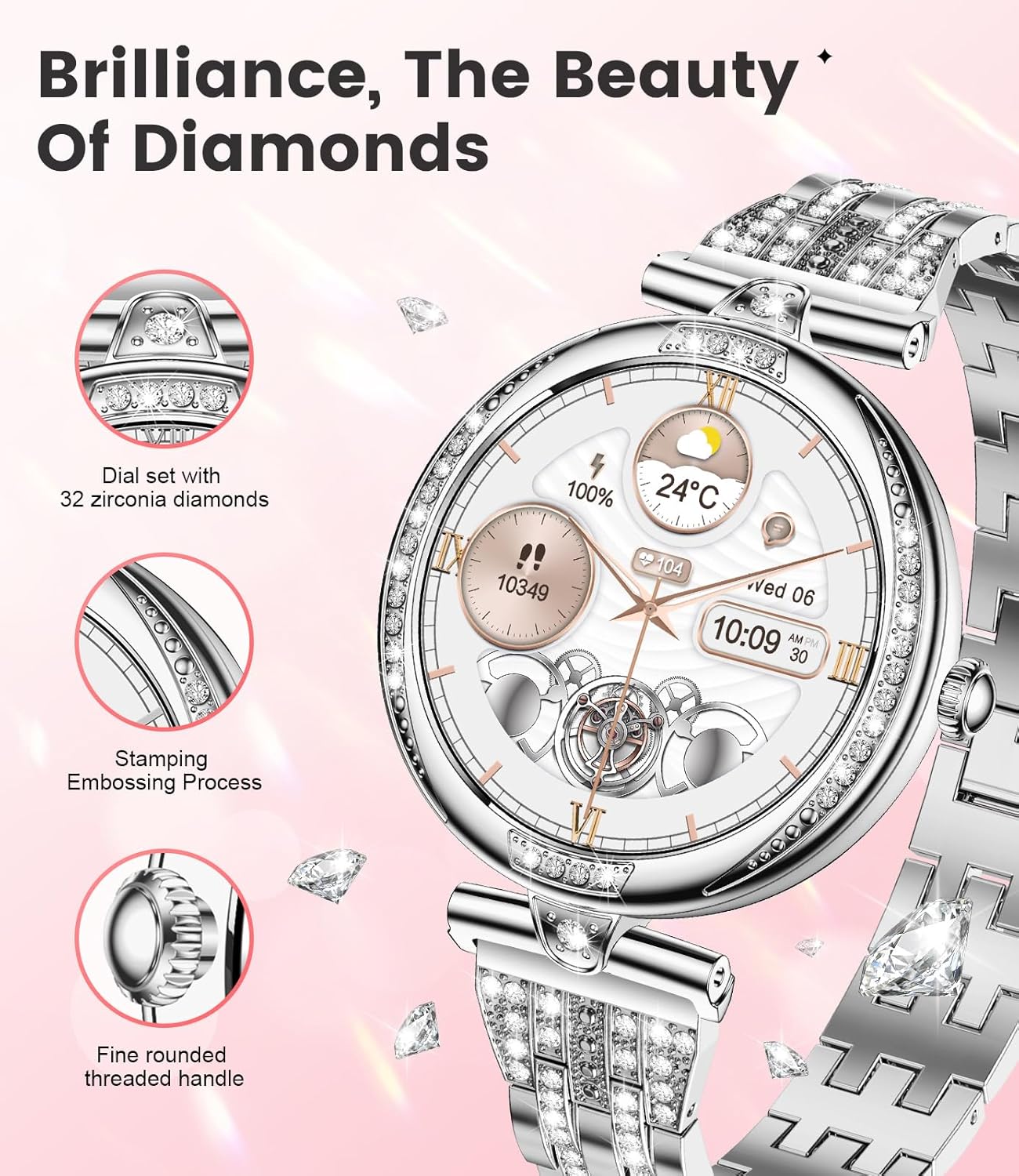 Silver Diamond Ladies Smart Watch Bluetooth Call AMOLED Watch