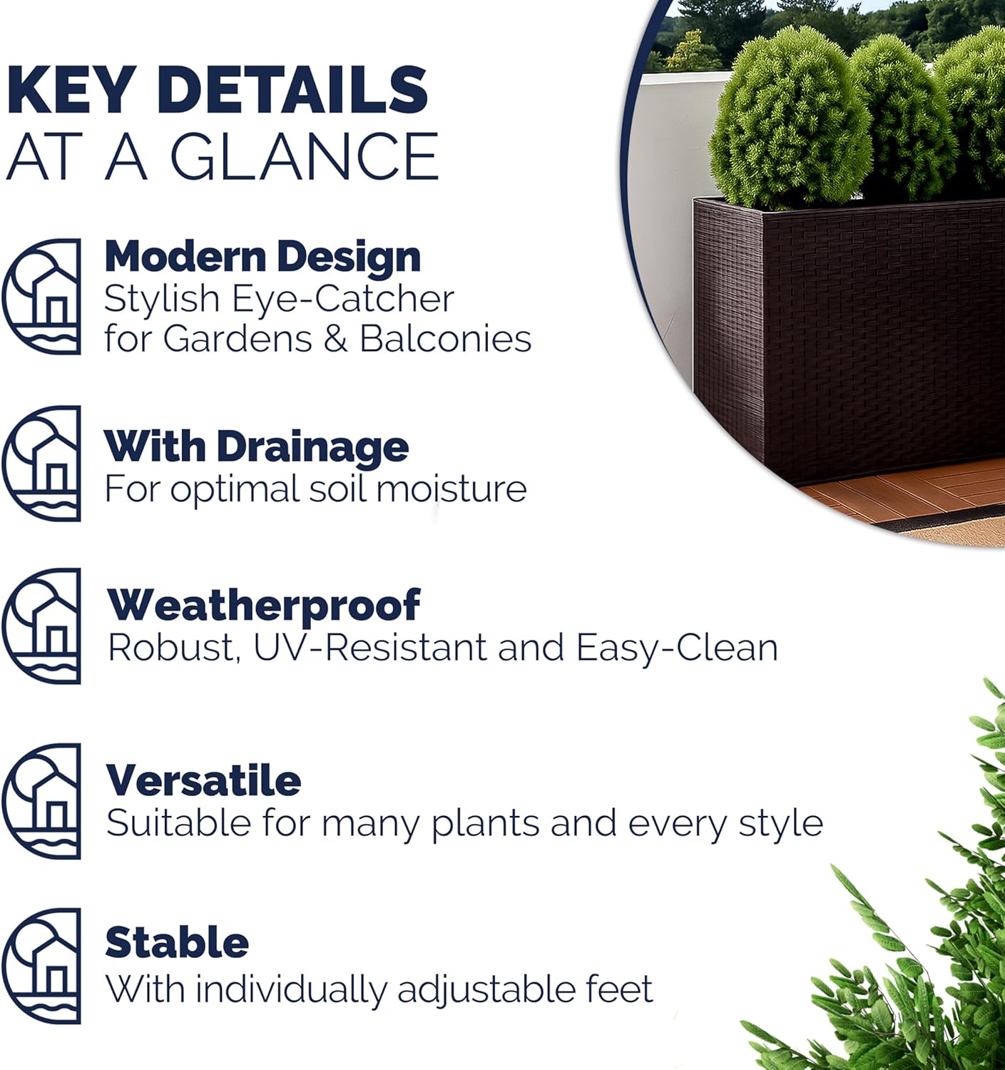 Tall Rattan Planter Box 83cm Brown with 3 Pots