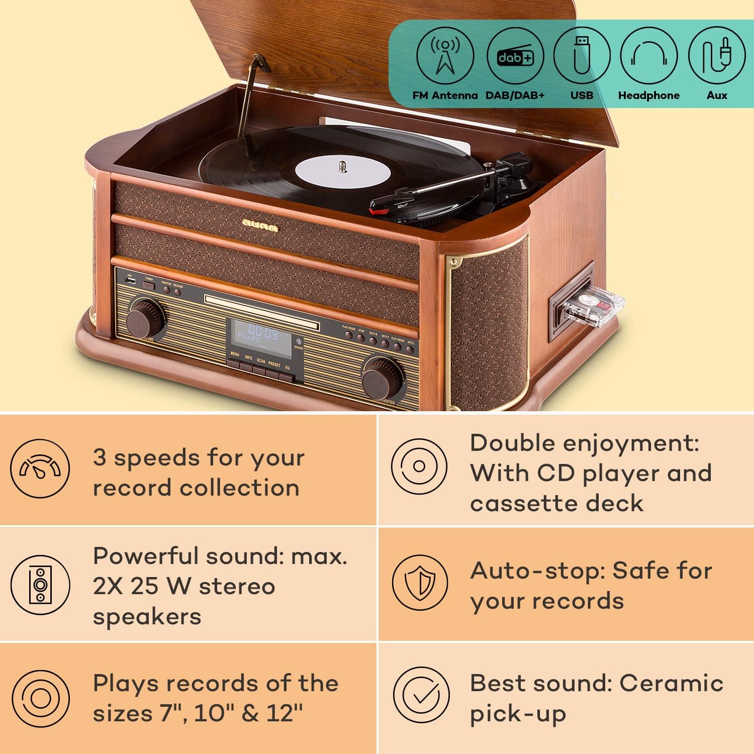 Retro Record Player Bluetooth CD Cassette Radio Brown