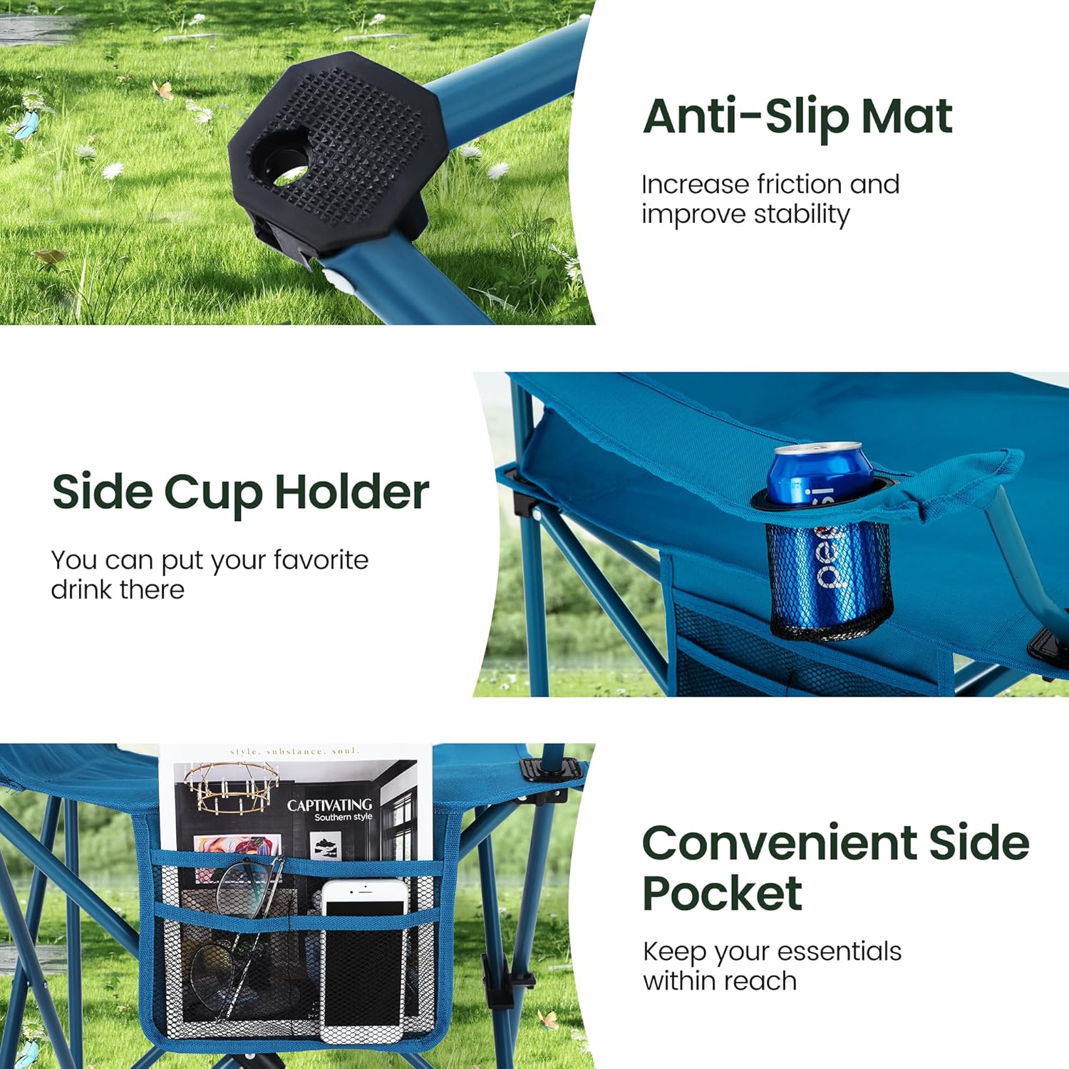 Camping Chairs 2 Pack Cooler Bag Cup Holder Blue
