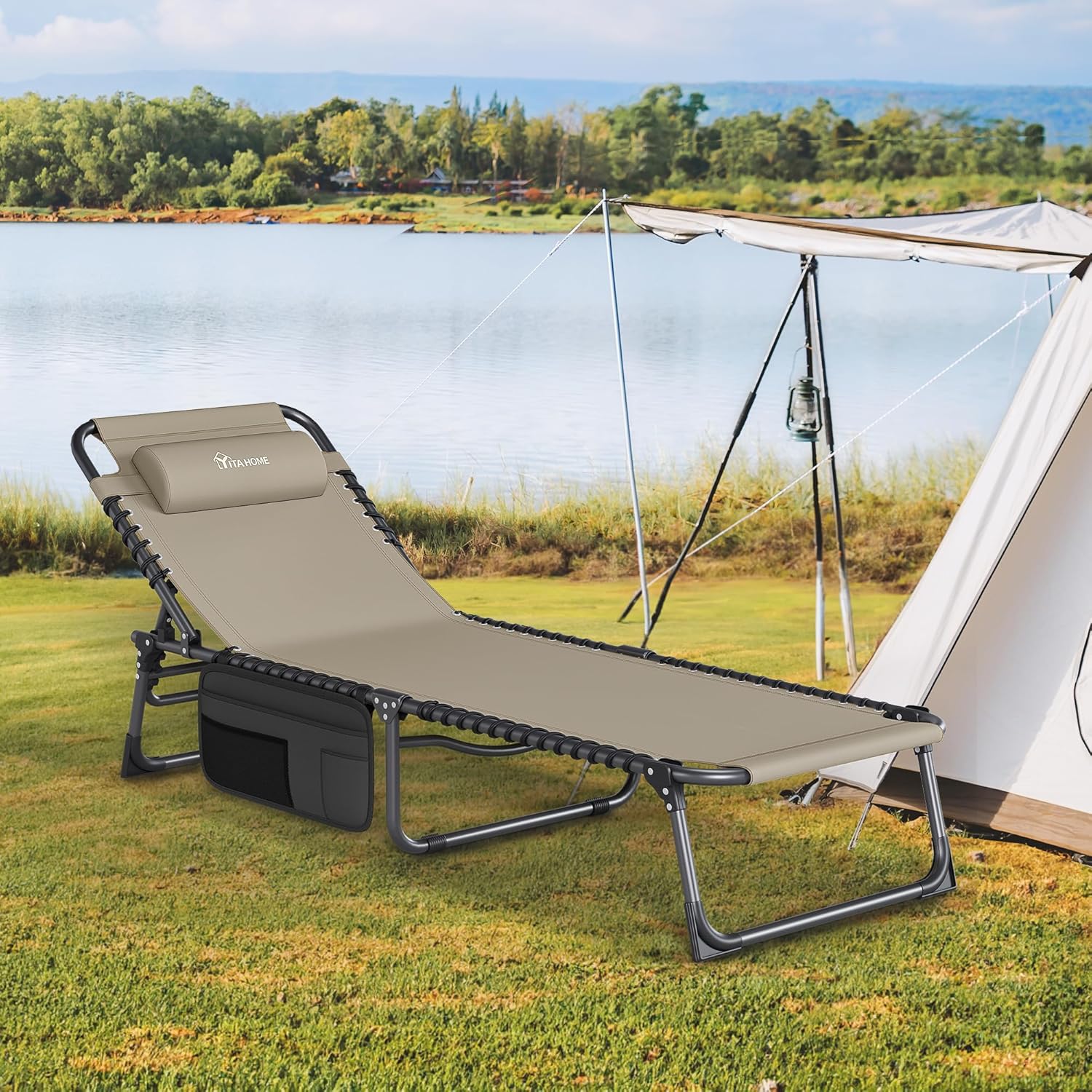 Set of 2 Folding Sun Loungers Khaki 4 Position