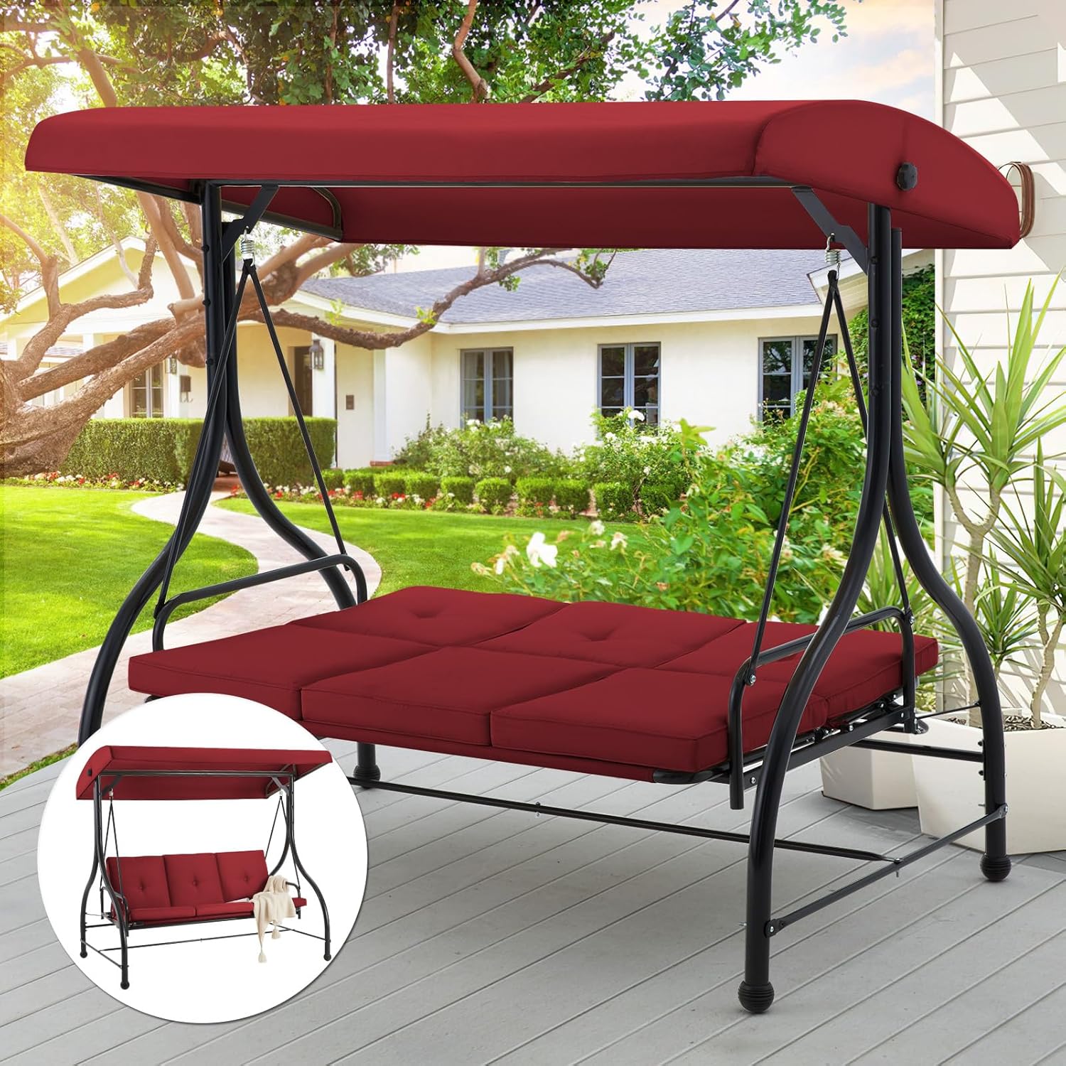 3 Seater Garden Swing Bed Red Canopy Cushion Steel