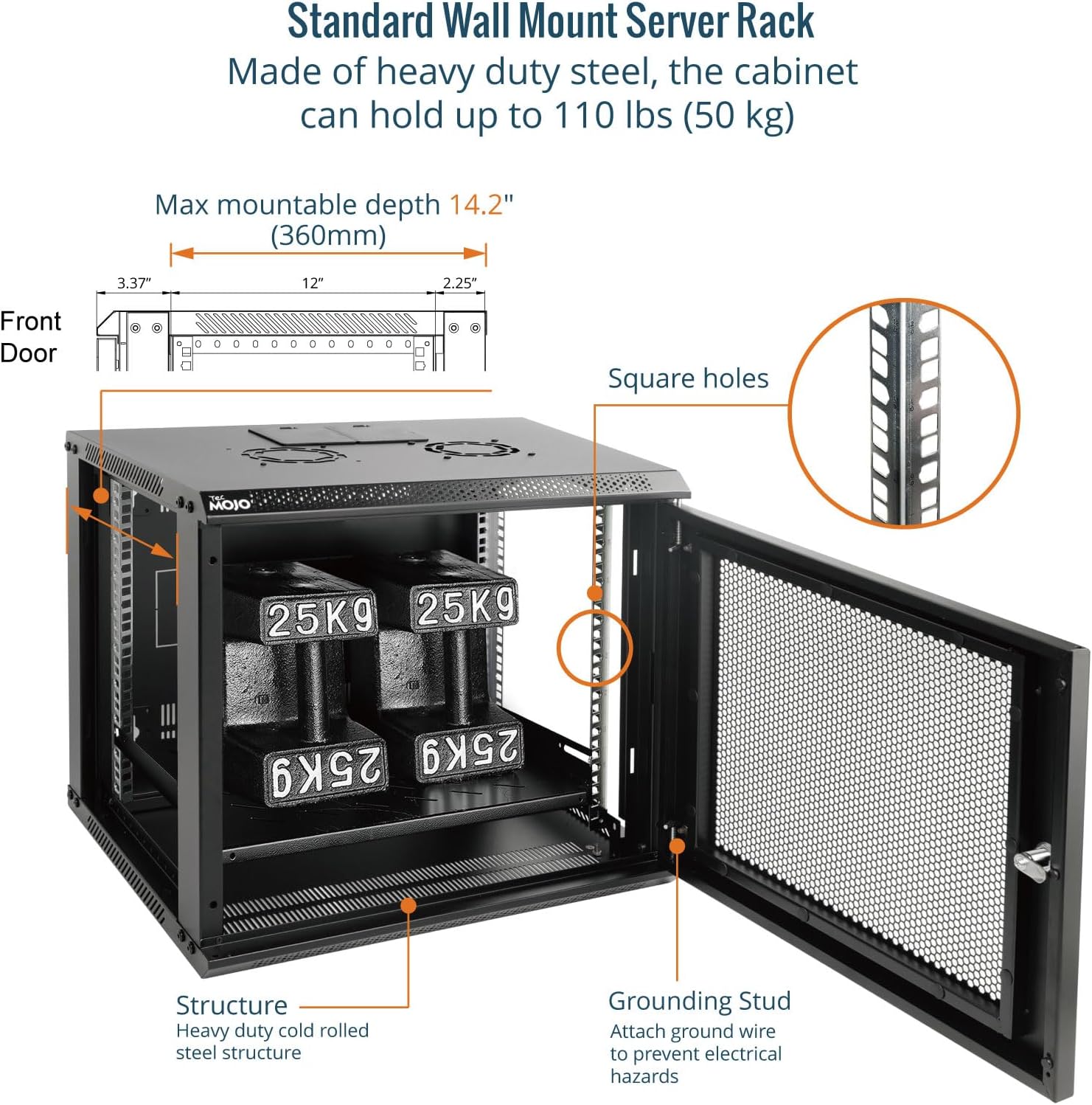 9U Wall Mount Server Cabinet 450mm Mesh Door Black
