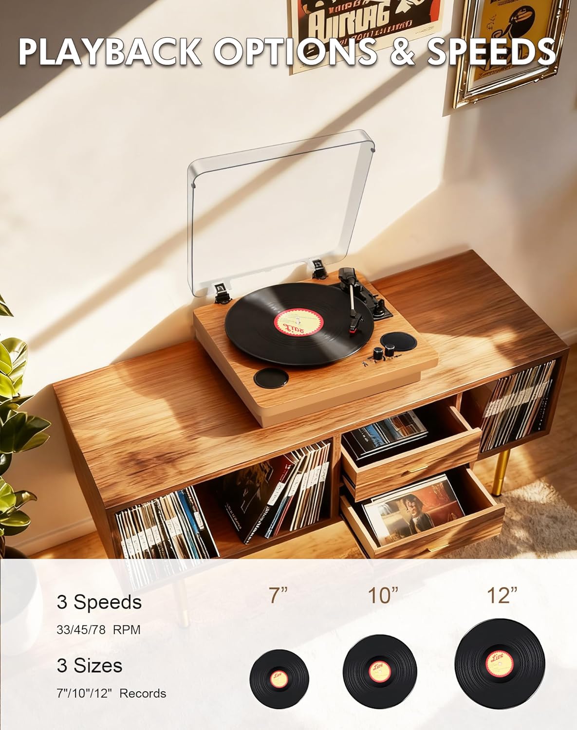 Portable 3-Speed Vinyl Record Player Bluetooth Turntable with Speakers
