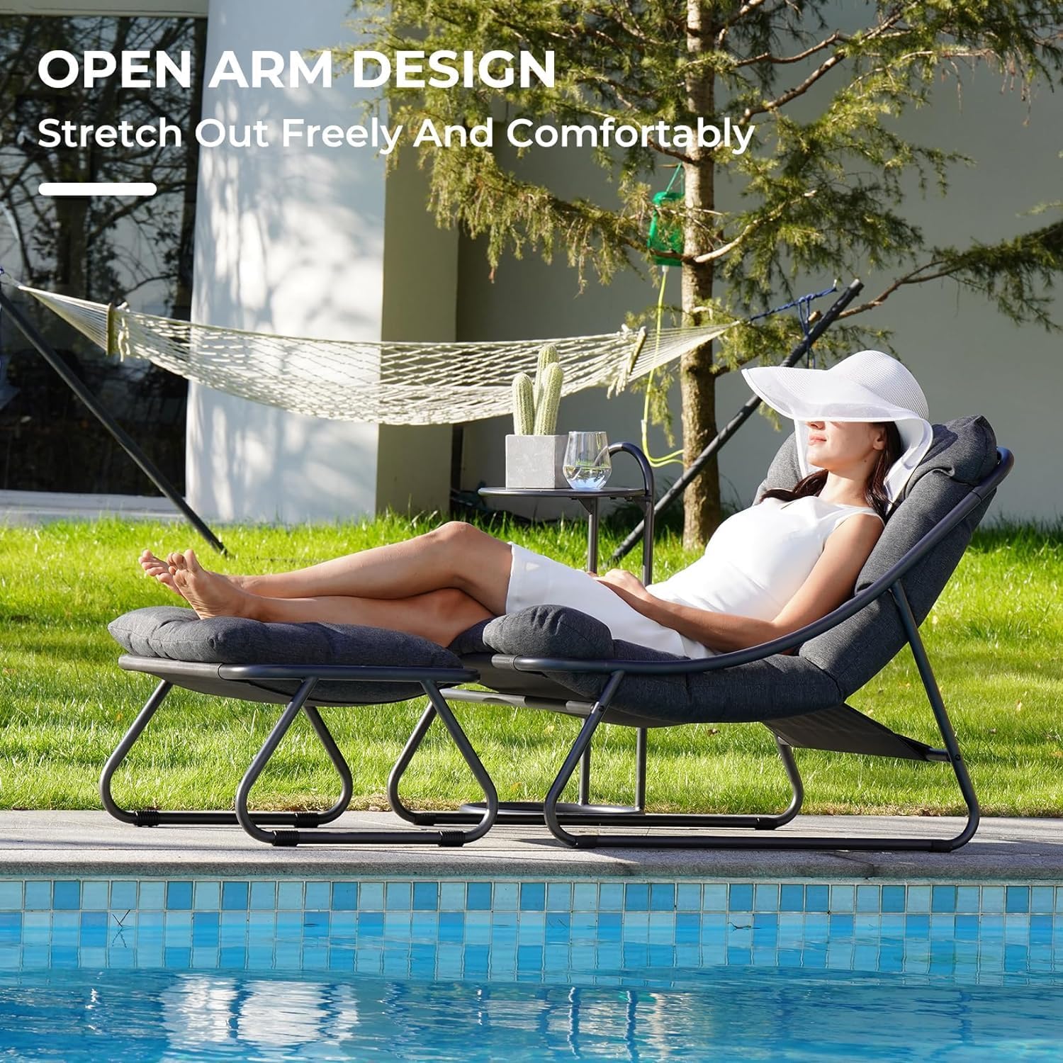 Reclining Garden Sun Lounger Chair Set Footstool Table Grey