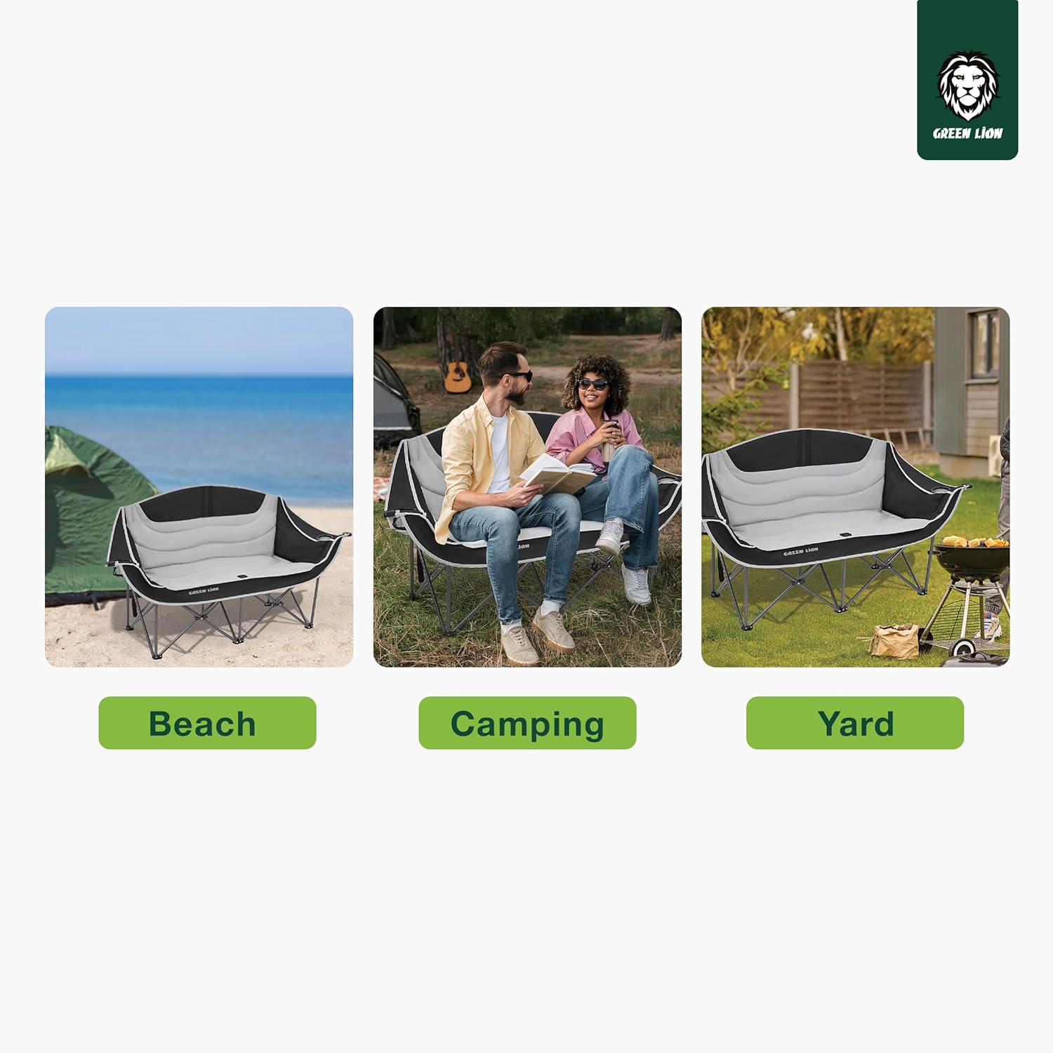 Portable Double Camping Chair Folding Loveseat Grey Black