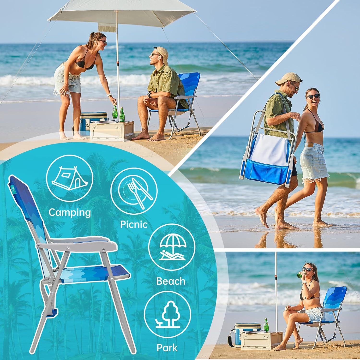 Folding Beach Chair High Back Wide Seat Dark Blue