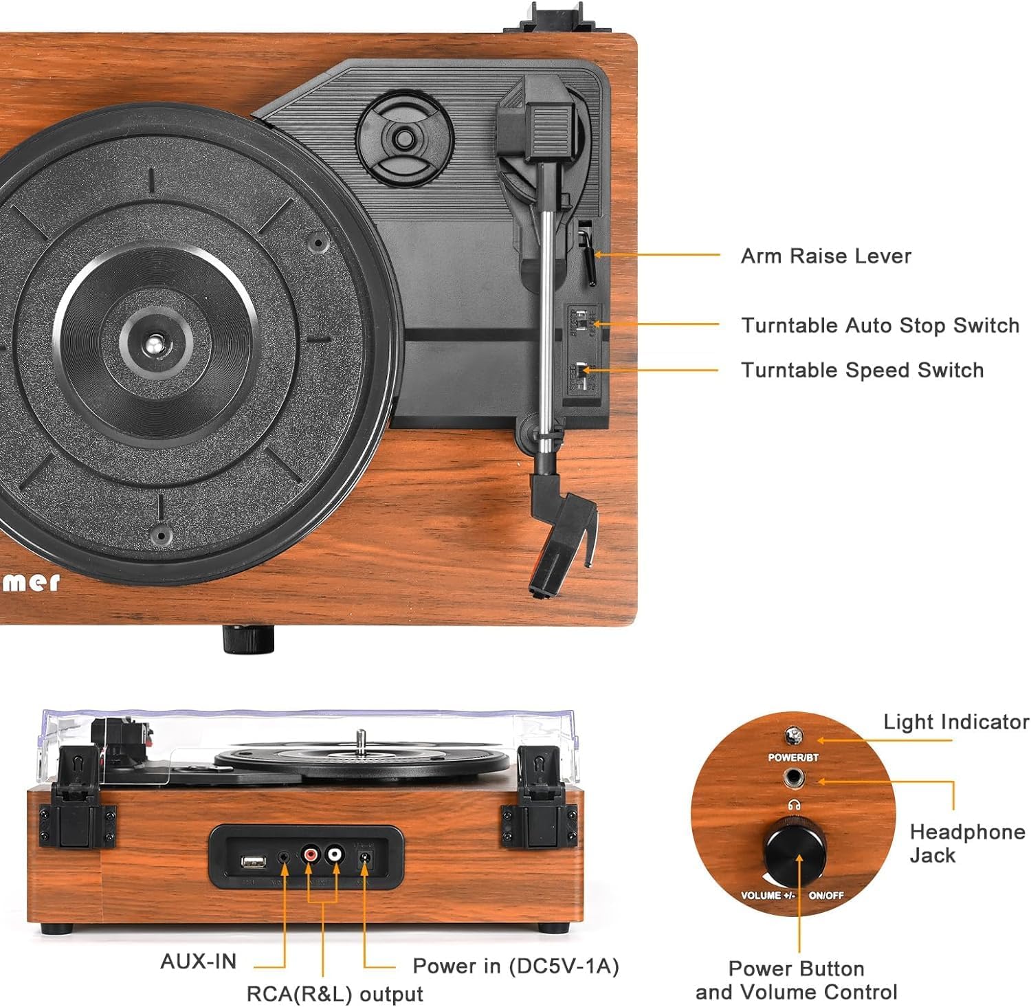 3-Speed Belt-Drive Vinyl Turntable with Built-in Speakers & USB
