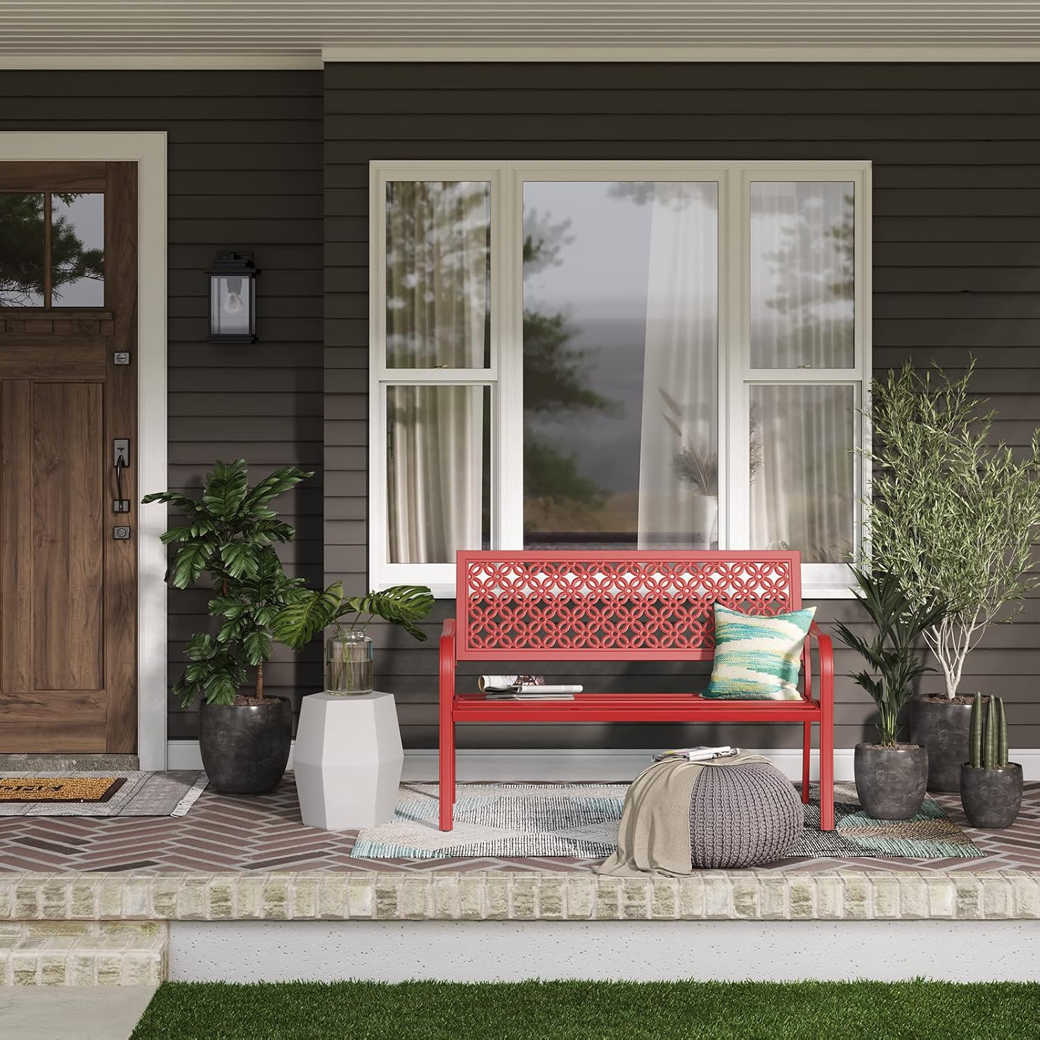 Red Metal Garden Bench 2–3 Seater Outdoor Patio Seat Rust Resistant