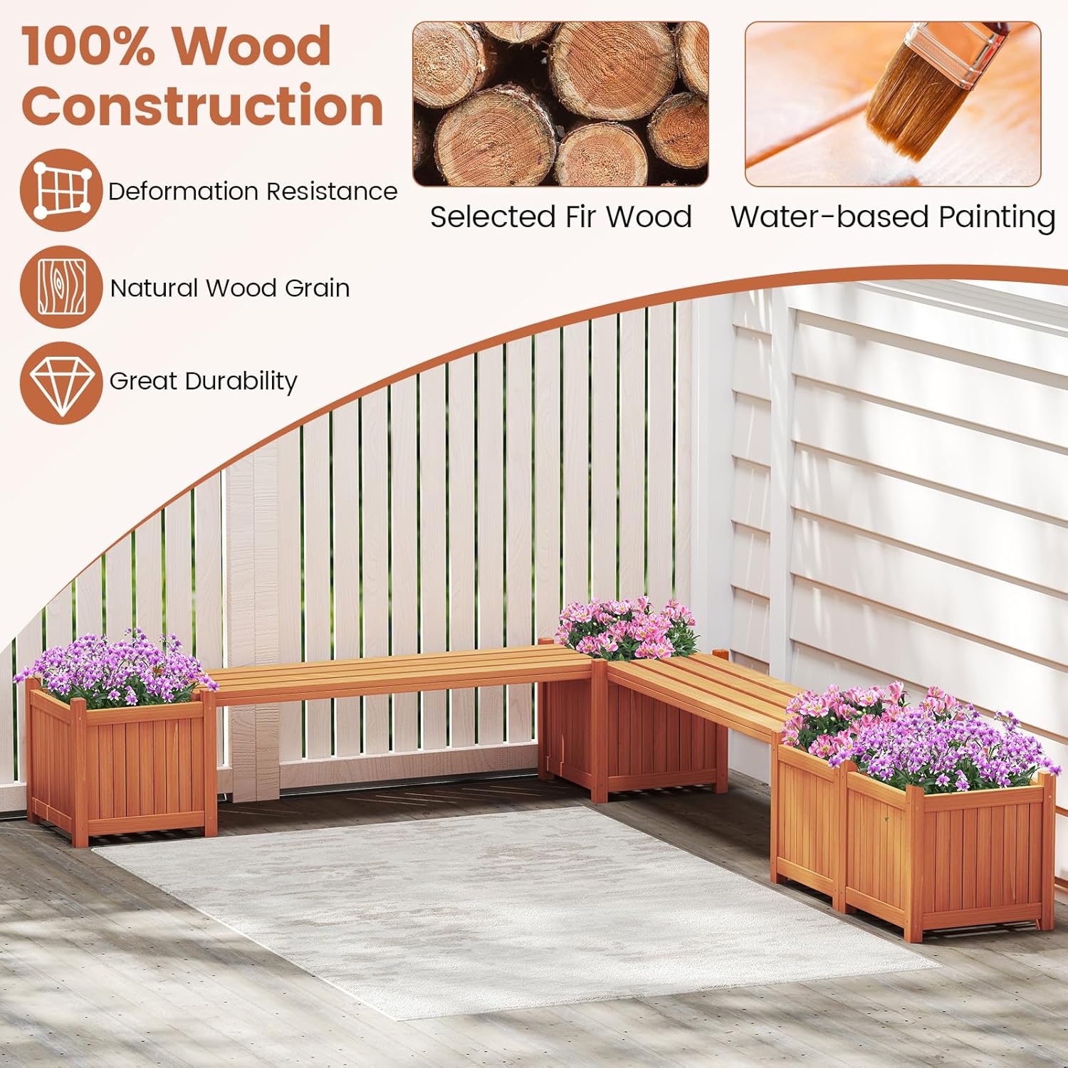 Garden Planter with Bench 170cm Wooden Raised Bed Seat Box