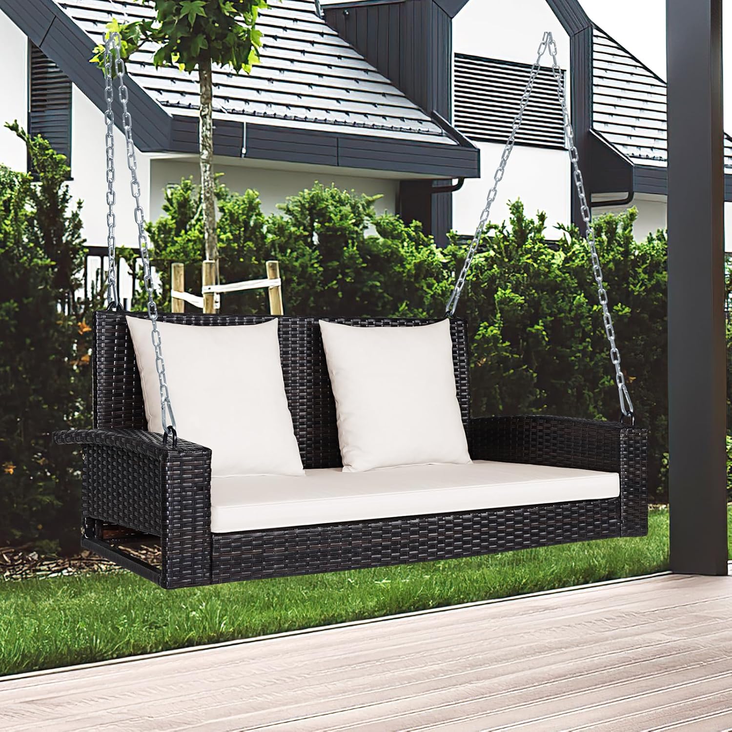 2 Person Rattan Swing Bench with Stand White Cushions