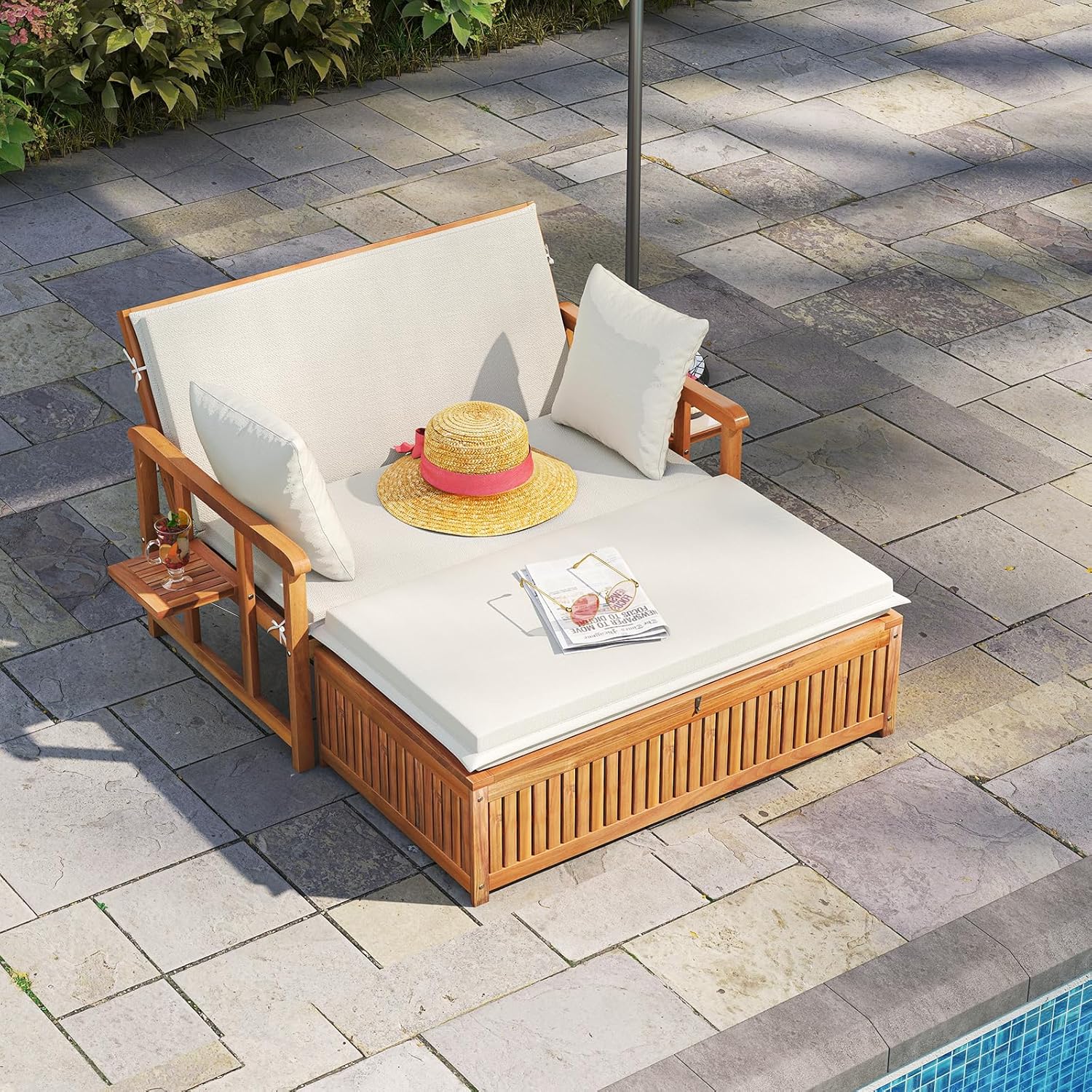 Acacia Wood Garden Daybed Double Lounger Storage Ottoman