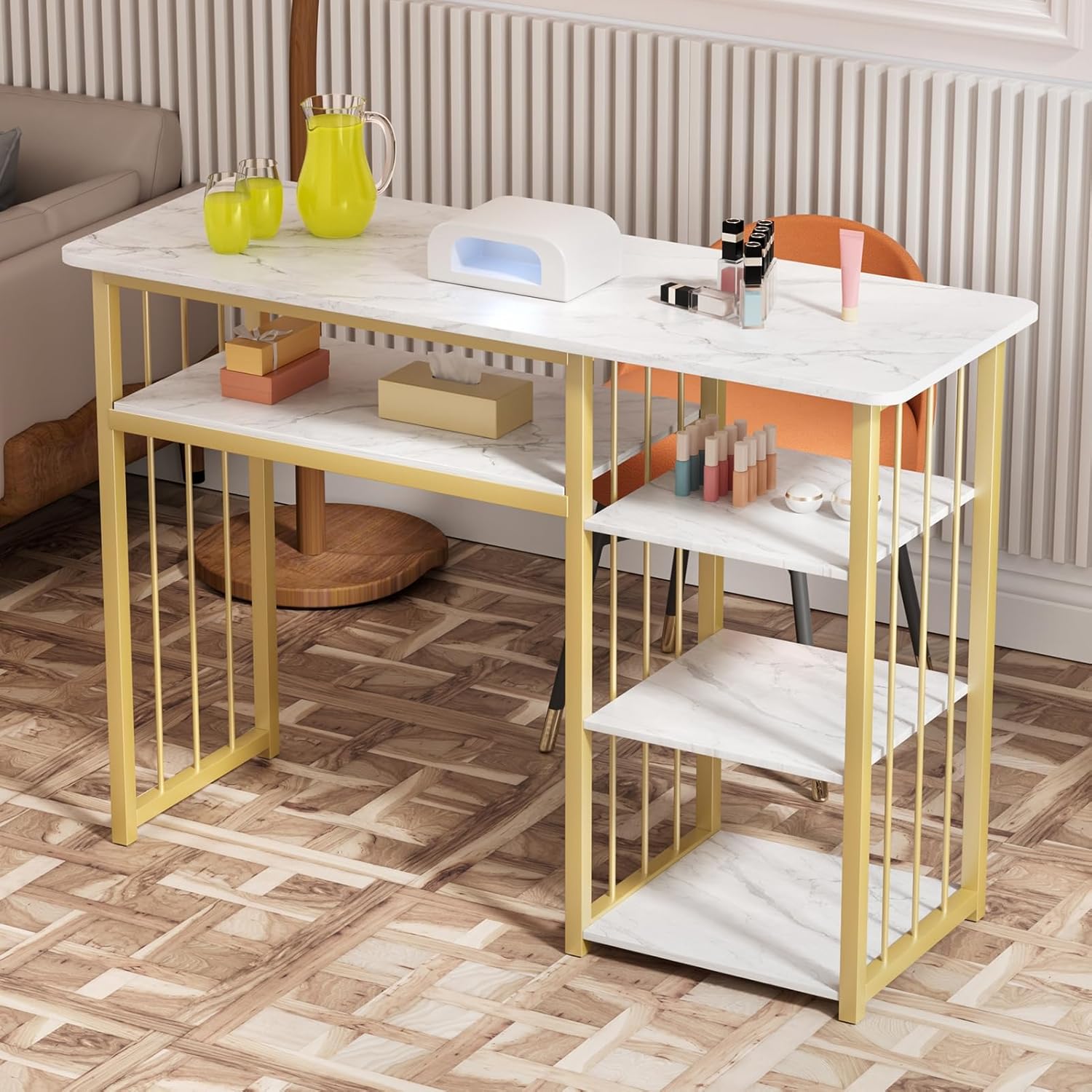 Manicure Nail Table Desk Marble Top 3 Tier Storage Salon Spa