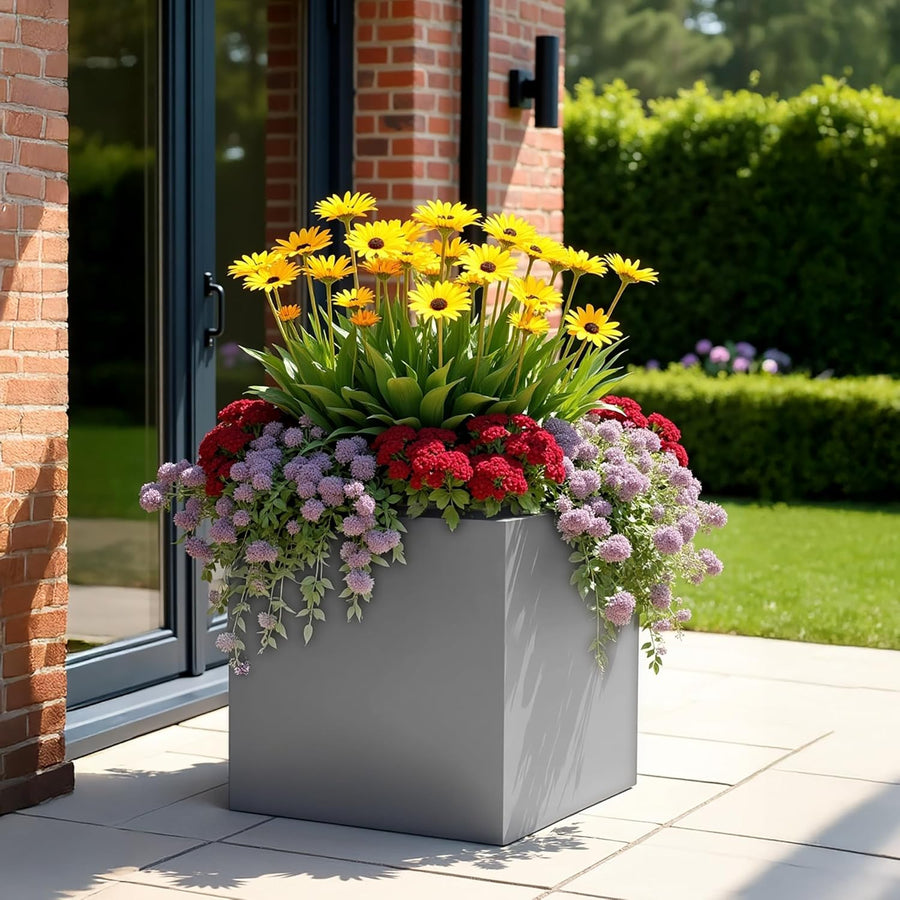 60cm Large Square Planter Grey Stone Effect Tree Pot Drainage