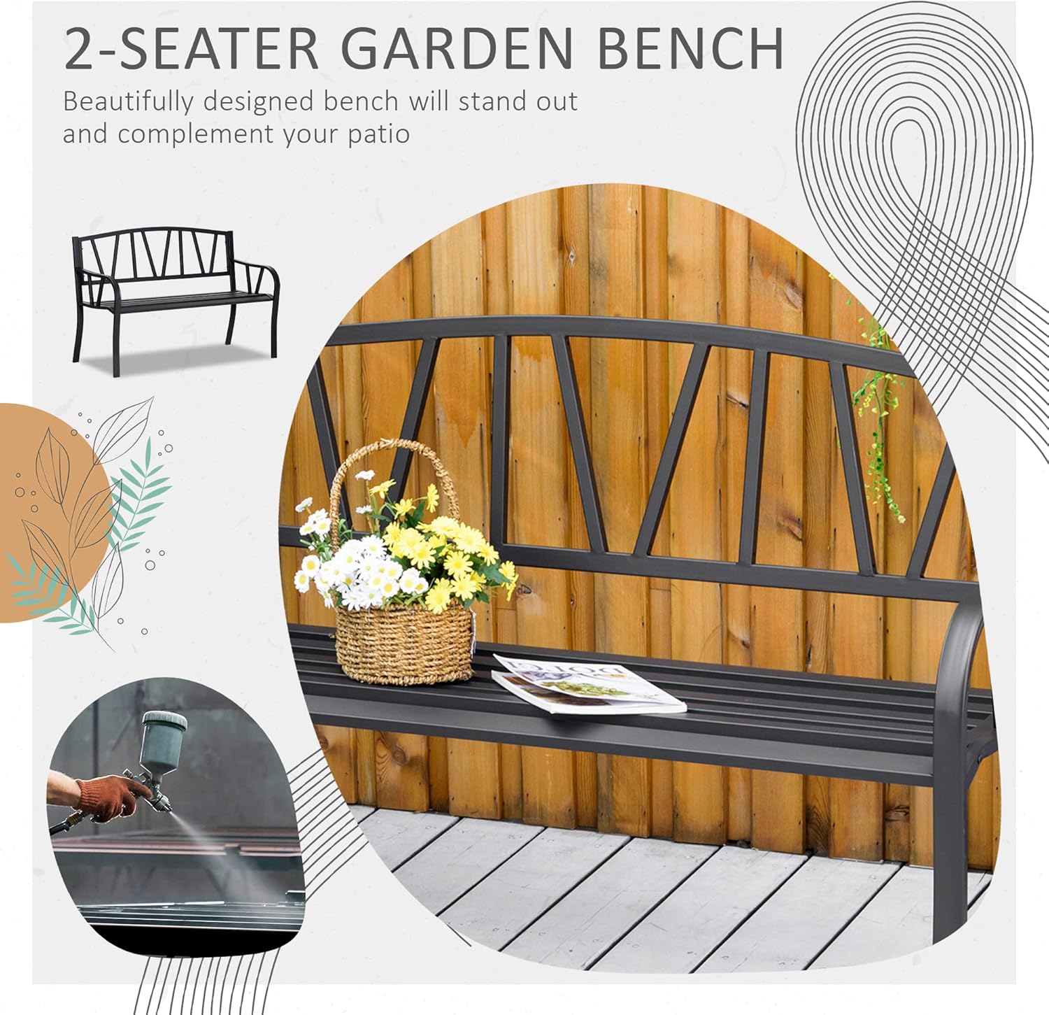 2 Seater Metal Garden Bench Outdoor Patio Loveseat Chair Black