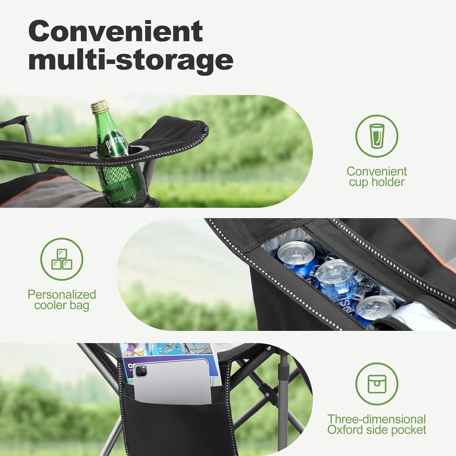 Heavy Duty Folding Camping Chair 200kg Padded Cooler Black