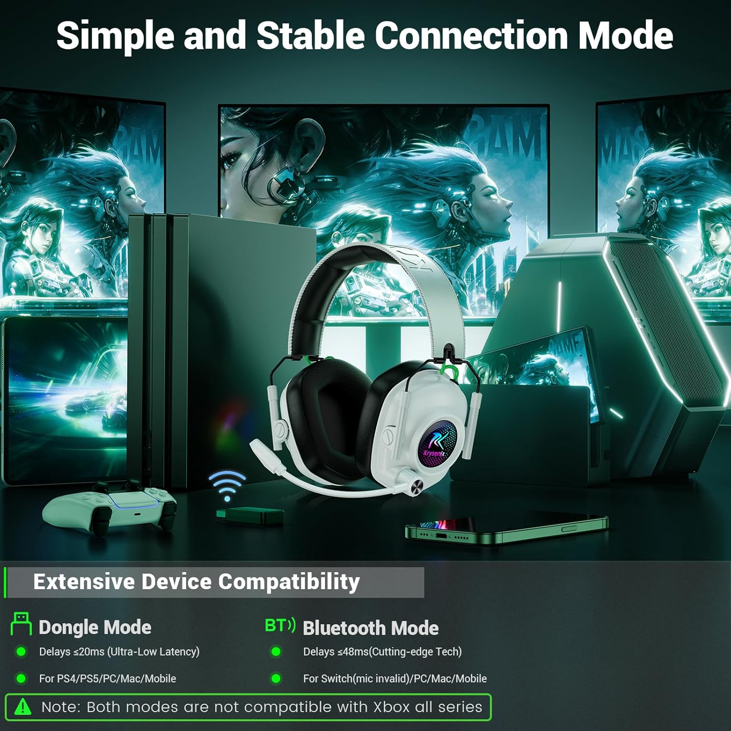 Wireless Gaming Headset 2.4GHz Bluetooth 40H Battery Mic RGB