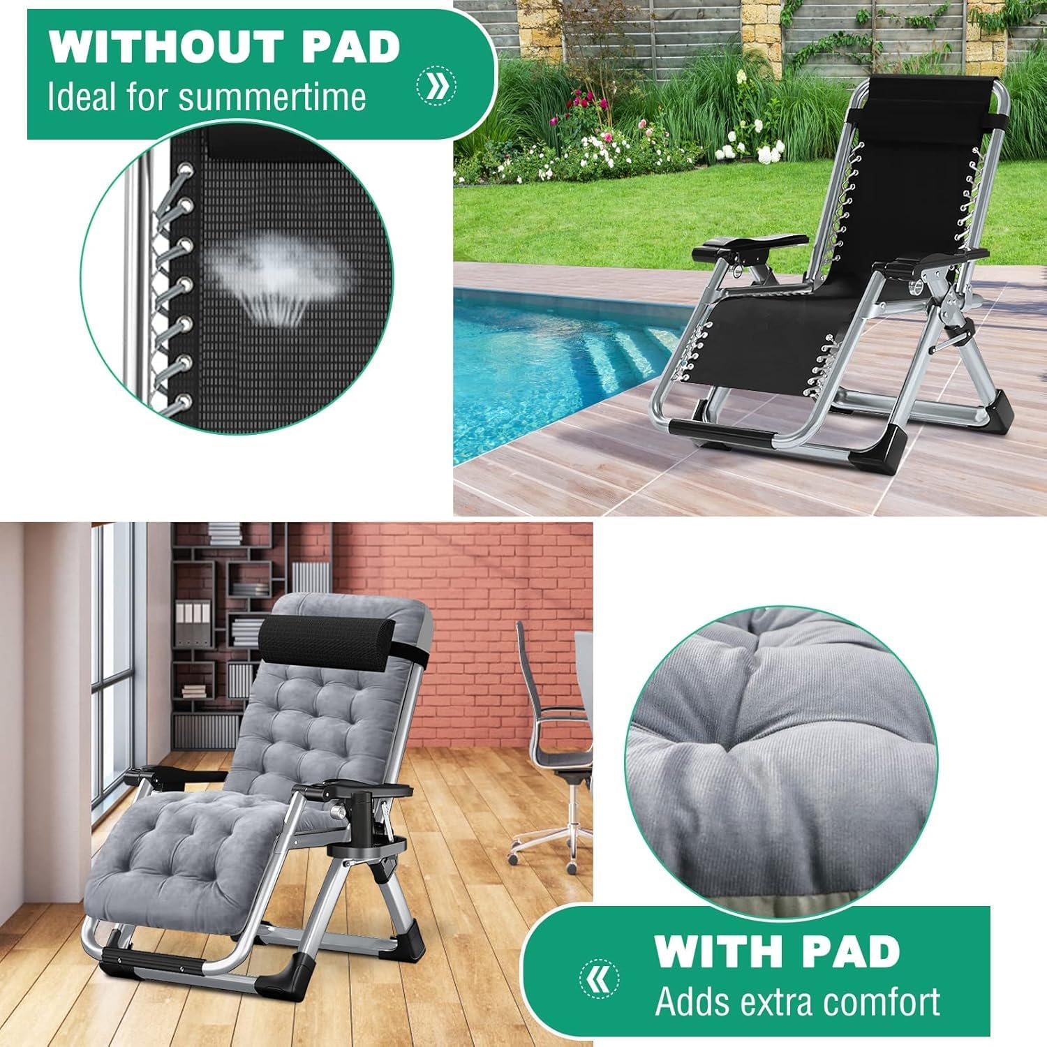 Zero Gravity Folding Sun Lounger Garden Recliner Chair Stone Gray