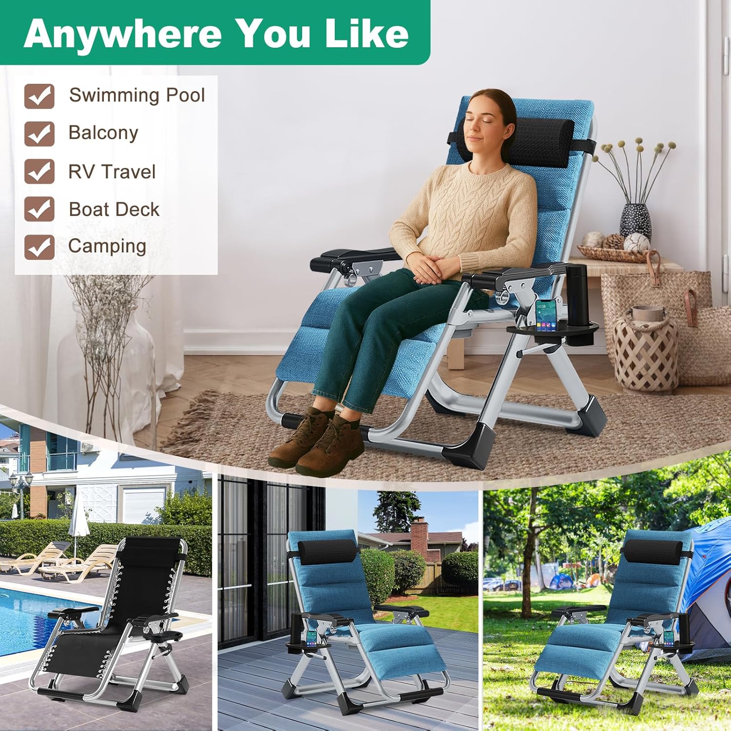 Zero Gravity Folding Sun Lounger Garden Recliner Chair Cushion Blue