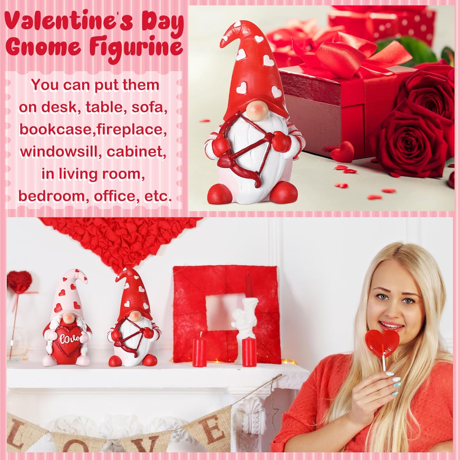 2PCS Valentine Gnome Decor Resin Love Heart Figurines Gift