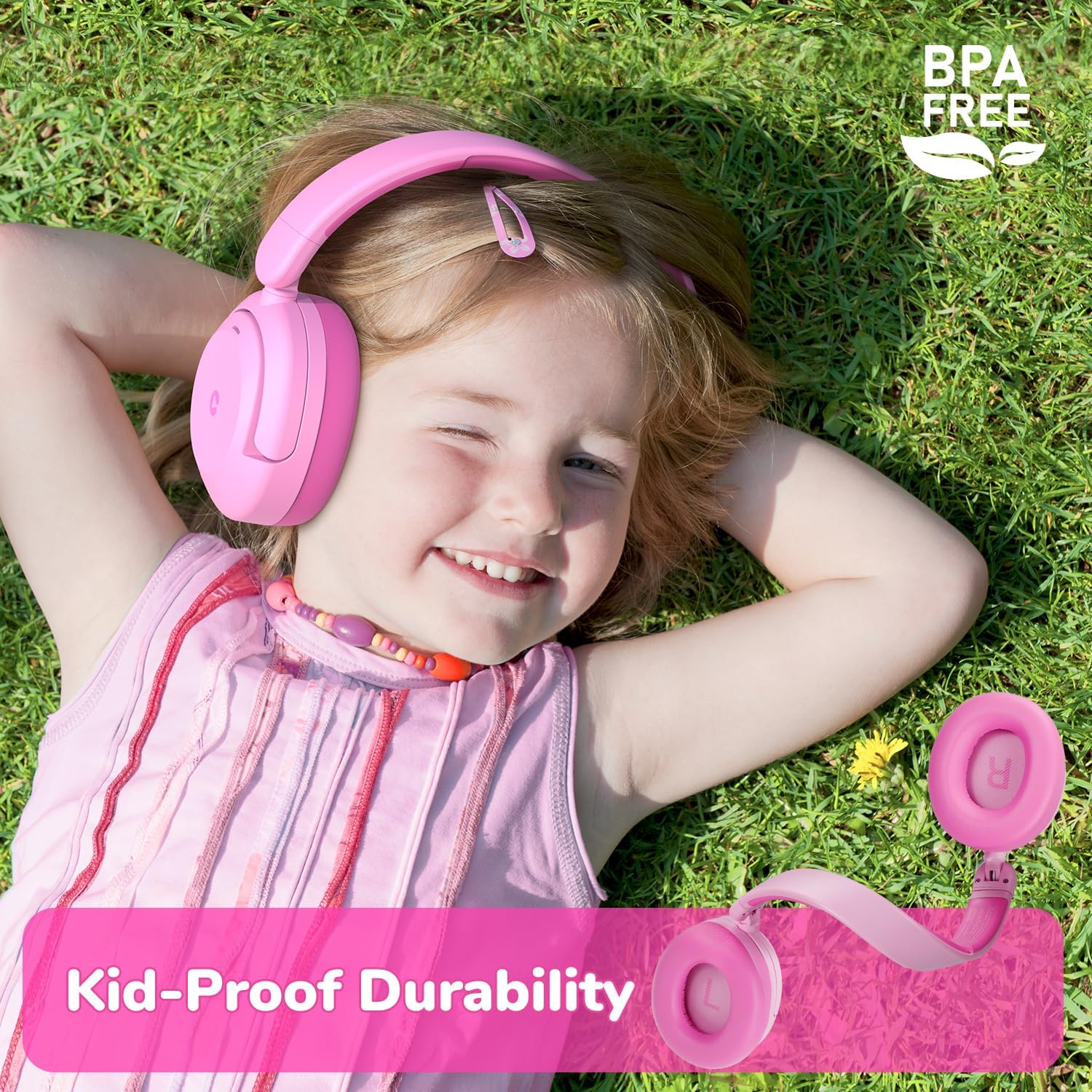 Kids Bluetooth ANC Headphones Safe Volume 60 Hour Battery Pink