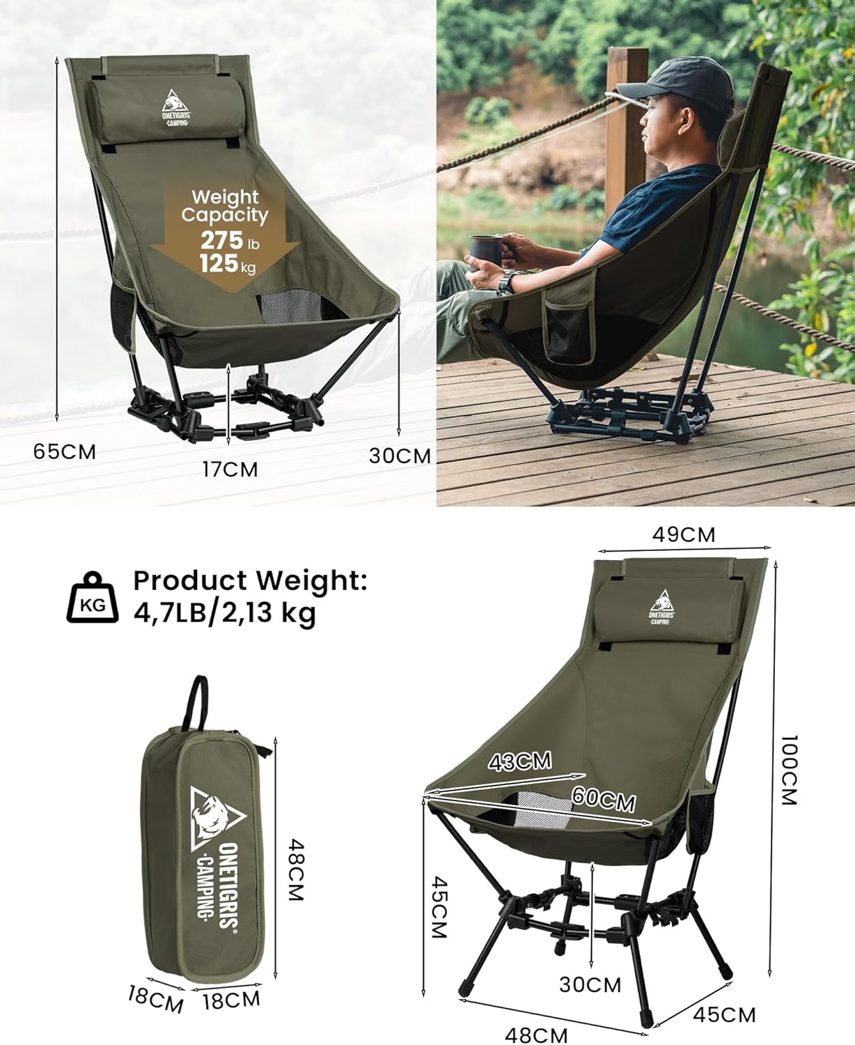 Oversized Camping Chair with Pillow 275lb Green